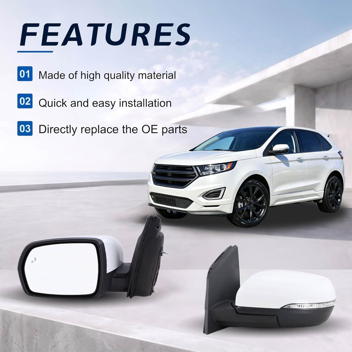 Left Driver Side Mirror Fits 2015 2016 2017 2018 2019 2020 2021 2022 2023 2024 Ford Edge With Manual Folding Heated Turn Signal Puddle Light Blind Spot White Replace#JT4Z-17683-FB(9Pins)