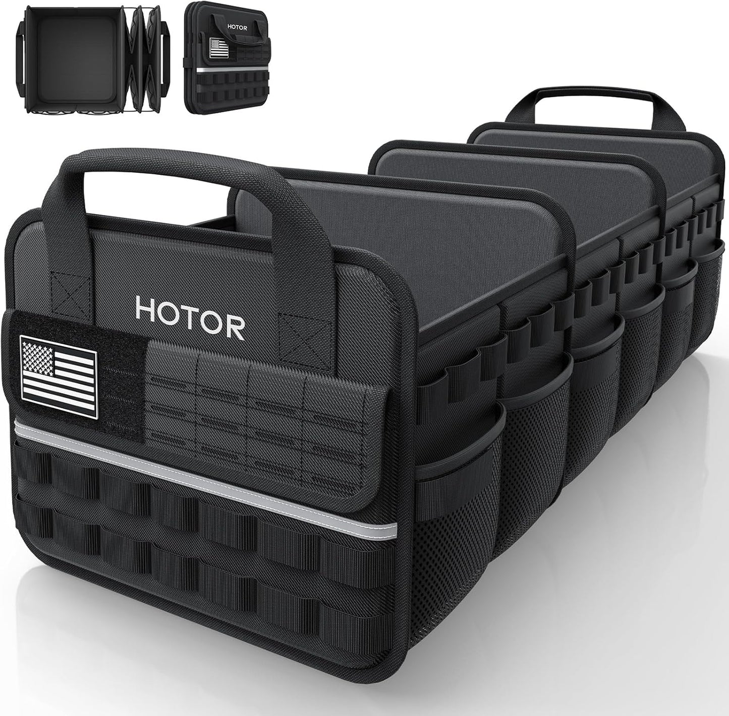 HOTOR Tactical Car Trunk Organizer - Foldable Trunk Organizer for SUV with Front MOLLE Pocket & Reflective Strips, Essential Car Accessories for Tools & Outdoor Storage, 11.6" x 31.9" x 11.0", Black