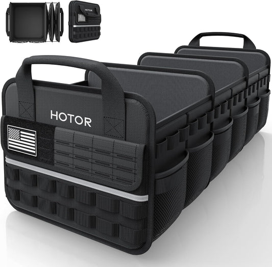 HOTOR Tactical Car Trunk Organizer - Foldable Trunk Organizer for SUV with Front MOLLE Pocket & Reflective Strips, Essential Car Accessories for Tools & Outdoor Storage, 11.6" x 31.9" x 11.0", Black