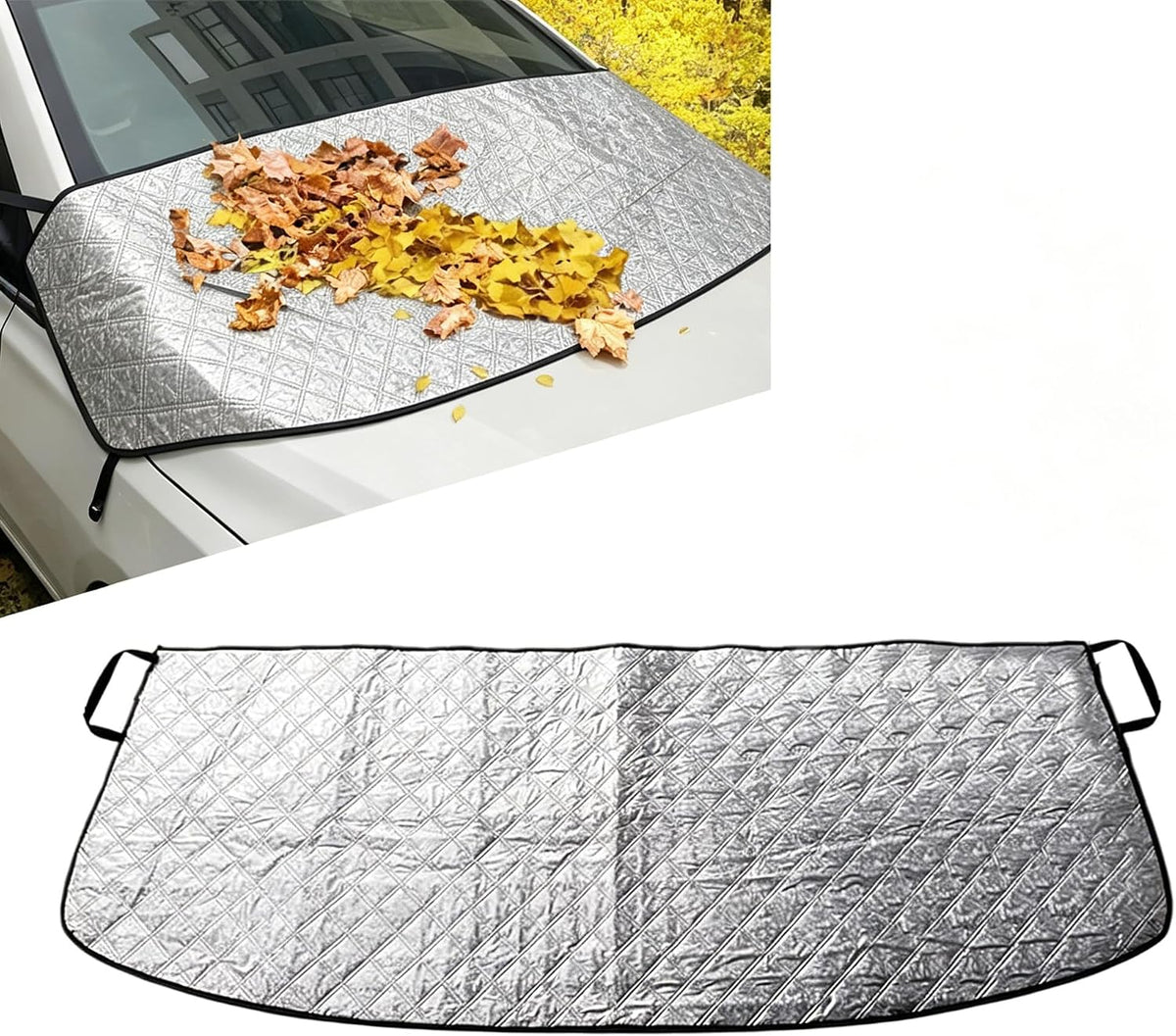 Car Windshield Rain Trough Cover, Sun & Snow & Leaves Protection Shield for All Season, Foldable Adsorption-type & Windproof Fixed Strap Shade, for Most Cars Trucks Vans SUVs (Silver)