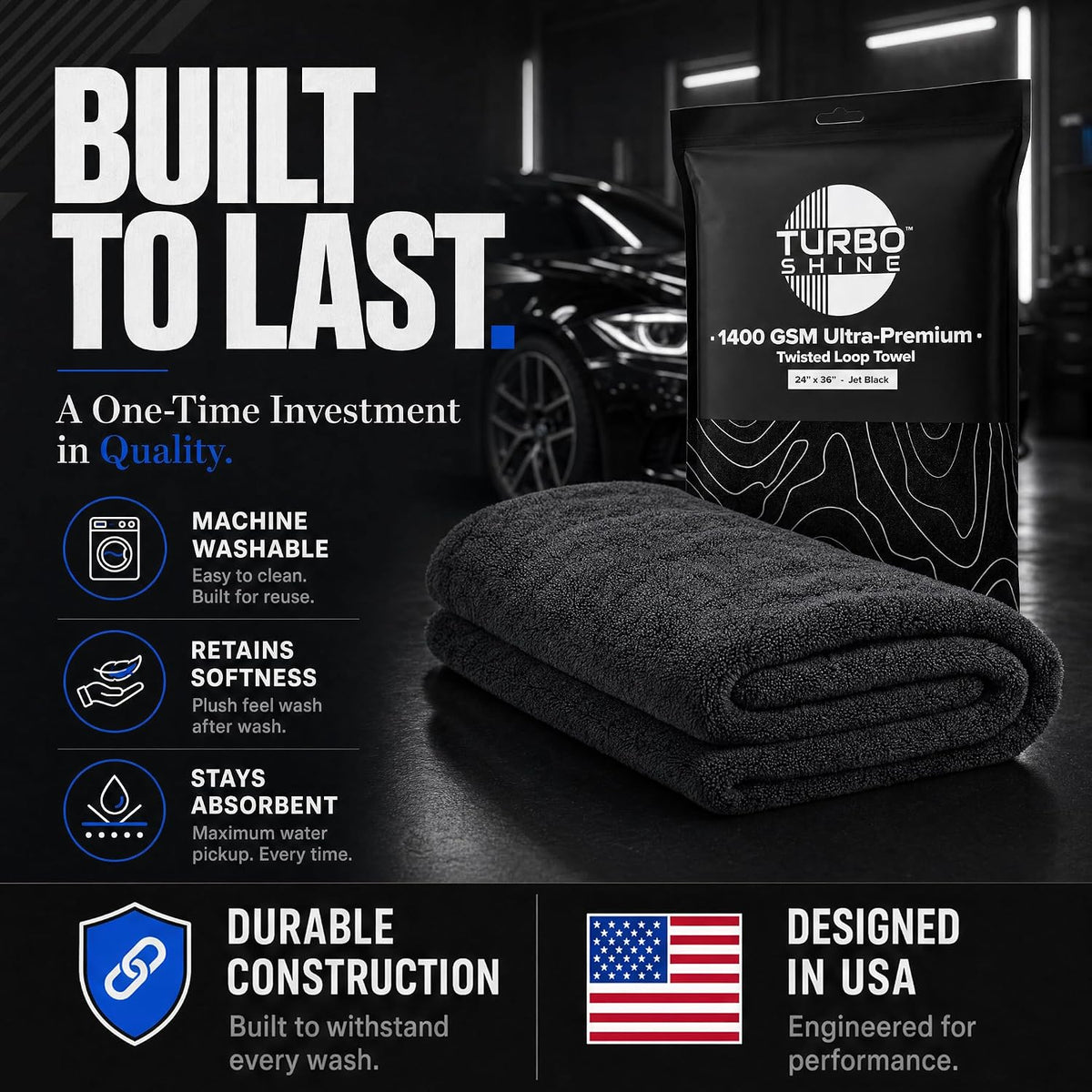 1400 GSM Microfiber Car Drying Towel, Twisted Loop, Streak-Free, Lint-Free, 24x36 Inch Ultra Premium Car Wash Towel (1, Jet Black, 24" x 36")