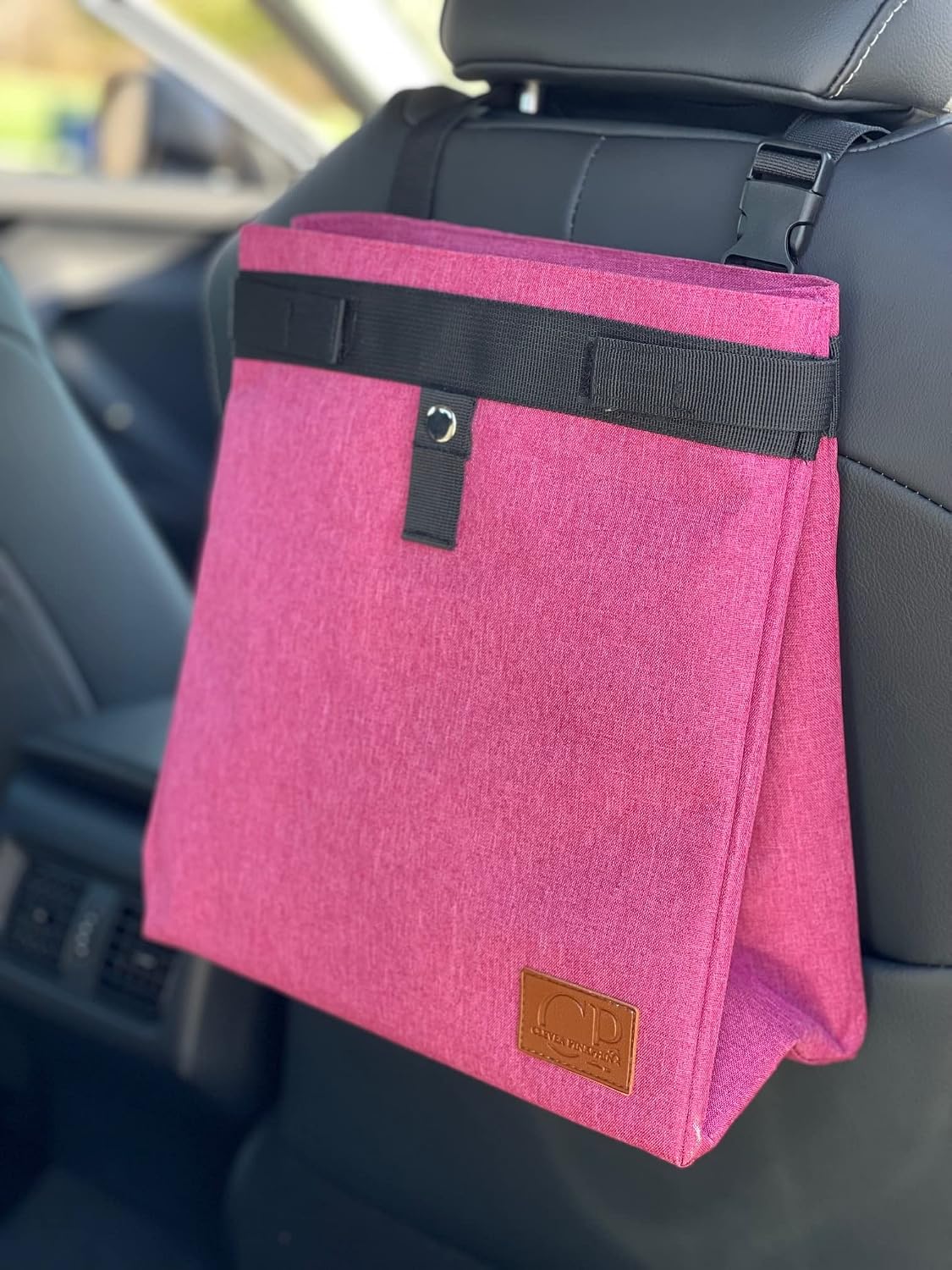 Car Trash Can Hanging for Headrest, Extra Large Waterproof Auto Garbage Bag Organizer, Collapsible Vehicle Waste Bin, Backseat and Side Door (Pink)
