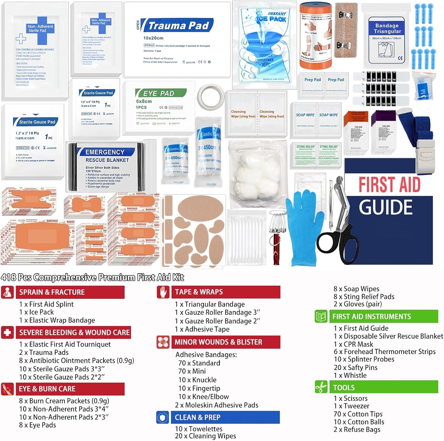 418-Piece First Aid Kit for Home, Travel, Camping, Hiking & Outdoor Emergencies, Tear-Resistant Survival Kits for Business, Vehicle & School, Multi-Use Emergency Medical Supplies