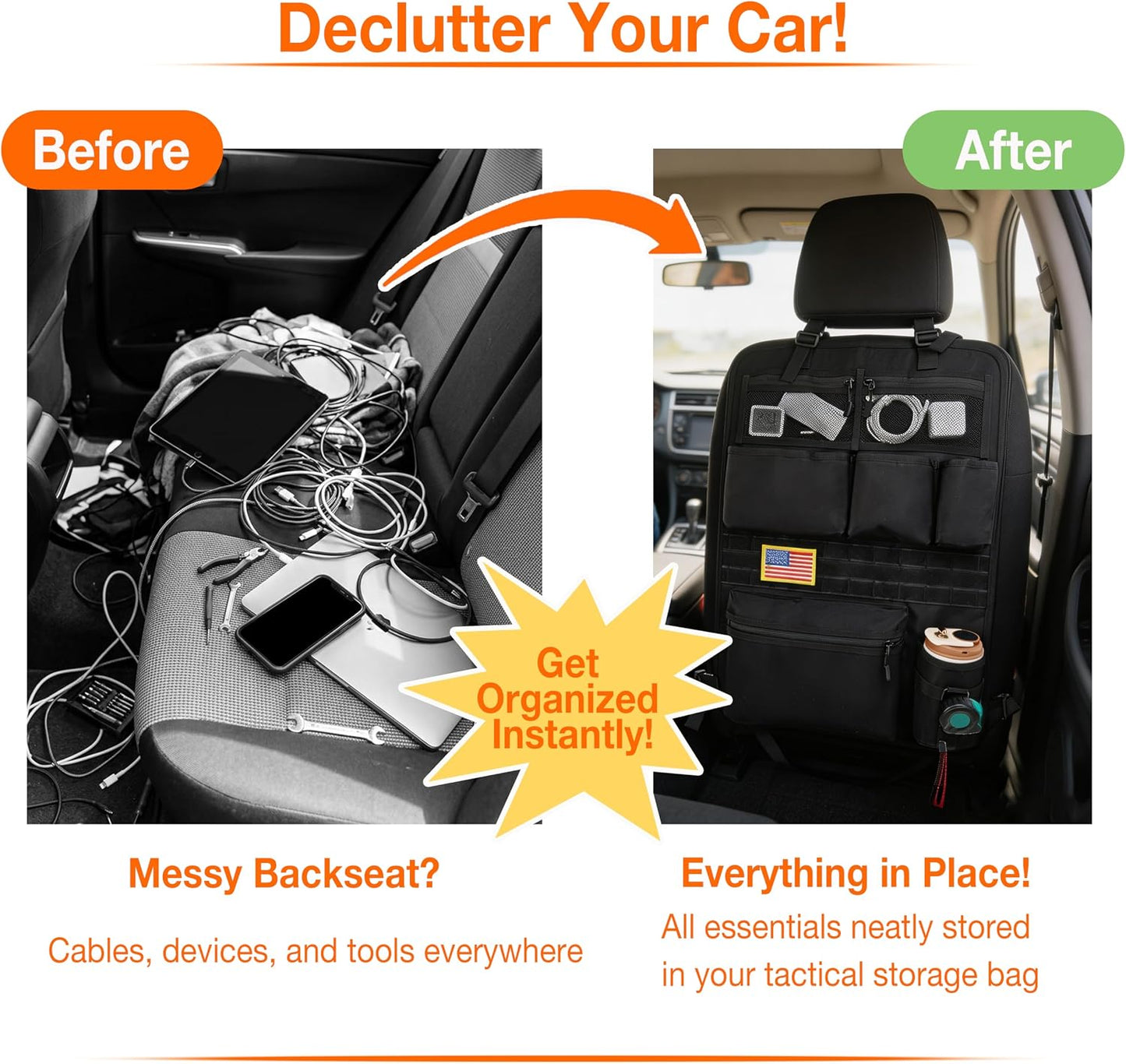 Tactical Car Seat Back Organizer with 7 Pockets and Zipper Pocket, MOLLE Seat Organizer with Hook & Loop Panel, Universal Fit for Car SUV Truck Jeep