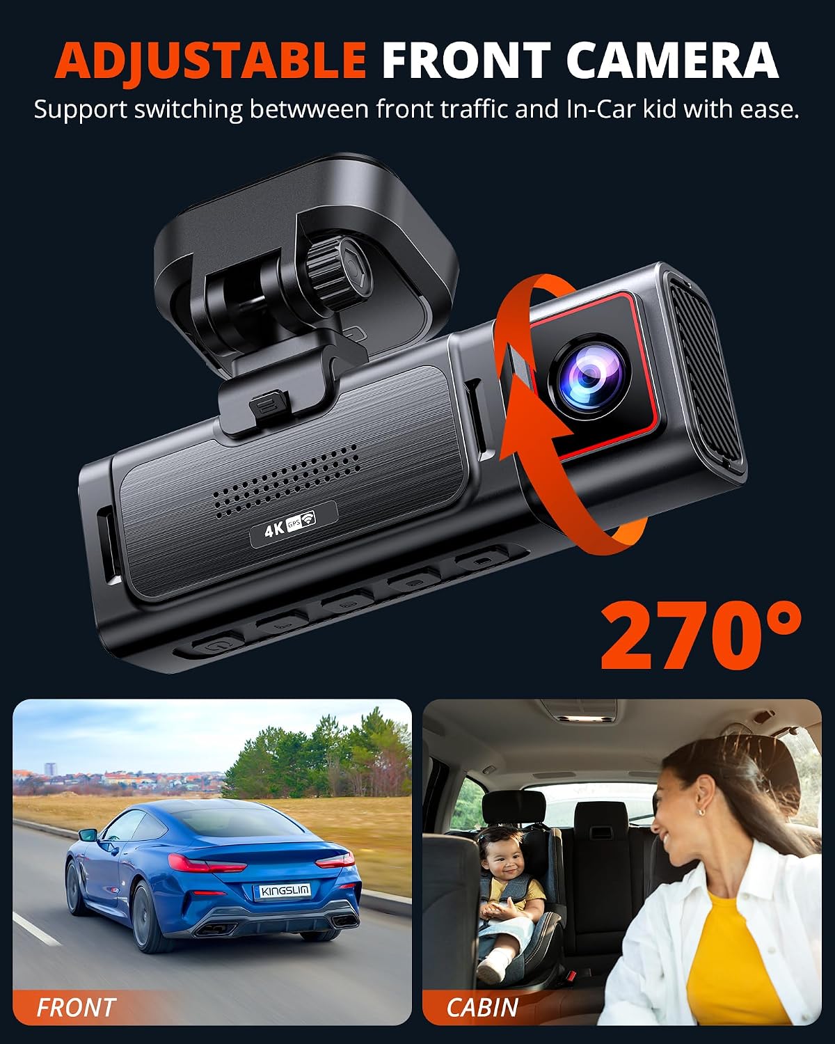 Kingslim D4PRO Dash Cam Front and Rear - 4K + 2K Dual Car Dashcam with WiFi GPS Dash Camera, Optional Inside Recording, Voice Control, Type C, Support 256GB Max