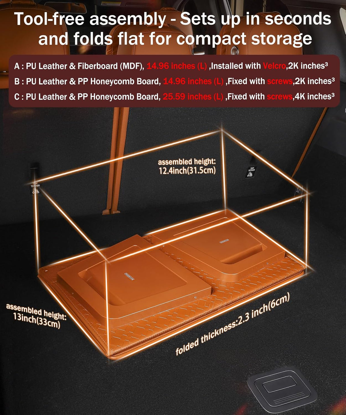 Trunk Organizer for suv,car storage organizer,lid Box,PU Leather & PP Honeycomb Board,Fixed with screws extremely sturdy,Collapsible and Adjustable(Reinforced: 15"L×13"W×12.4"H, 40lbs, 2K in³)