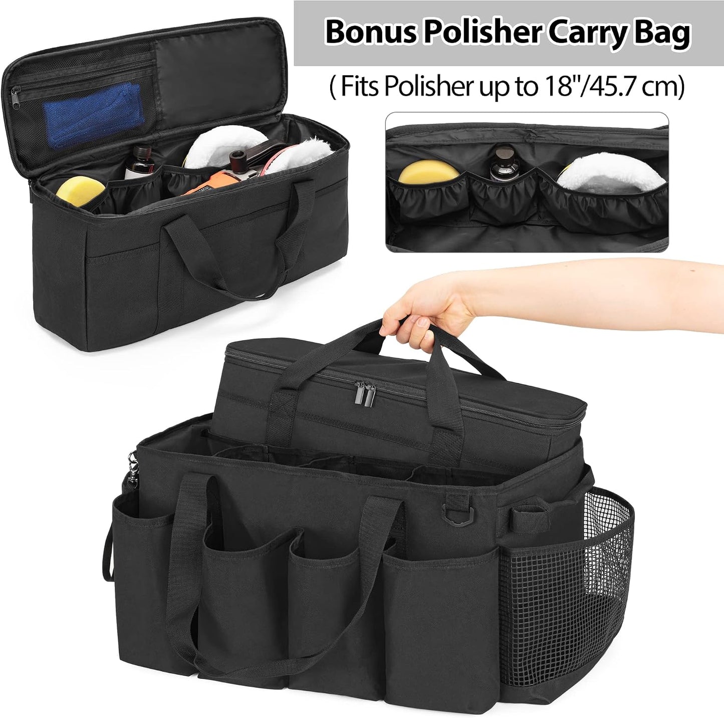 HODRANT Detailing Bag with Polisher Carry Bag, Large Detail Car Care Box for Auto Detailing Supplies, Car Wash Caddy & Trunk Organizer for Buffer Bottle Towel & Cleaning Kit, Black, Patent Design