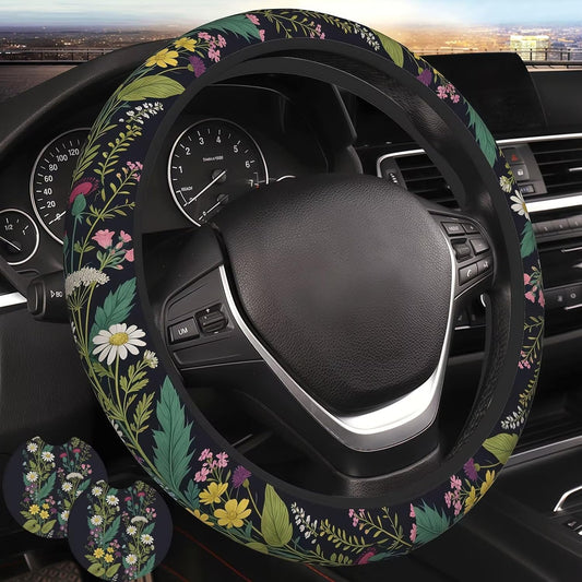 Wildflower car Steering Wheel Cover Women 15in Flower 2 Cup Coasters
