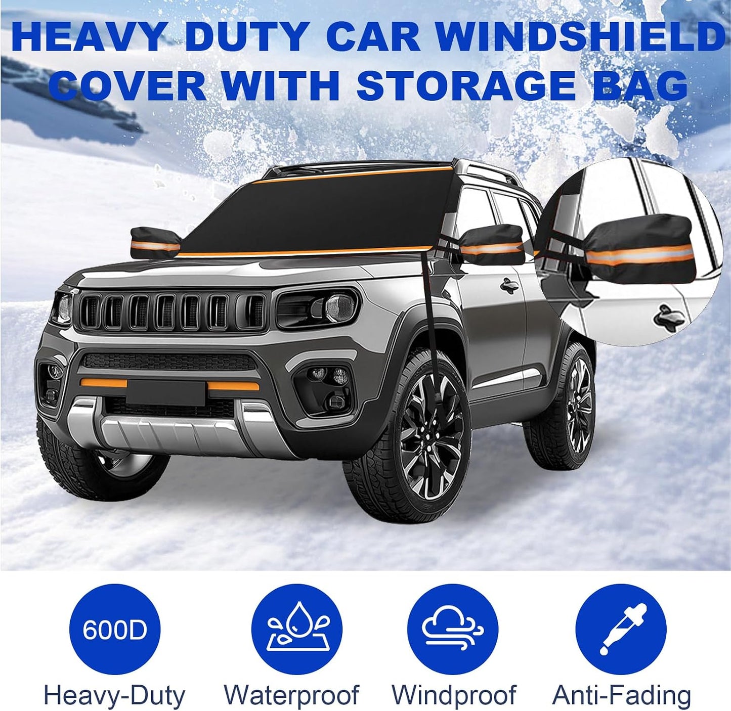 Car Windshield Cover for Snow and Ice, Car Windshield Snow Cover Kit with Side Mirror Cover, 600D Frost Guard Windshield Cover, Winter Frost Hail Protector for Sedan Truck SUV and MPV