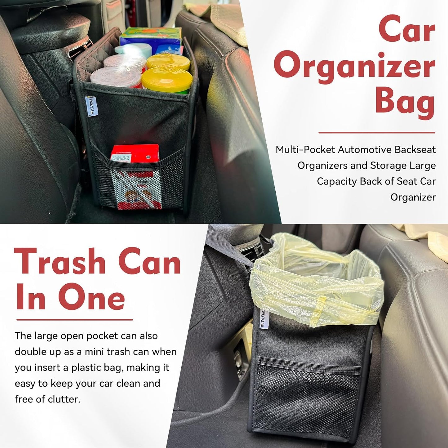 Witaxima Upgraded Extra Large Car Seat Organizer Backseat with 3 Storage Pockets, Multipurpose Car Organizer Hanging Car Trash Bag Can Premium PU Leather Garbage Can 3 Gallon Large Capacity, Black.