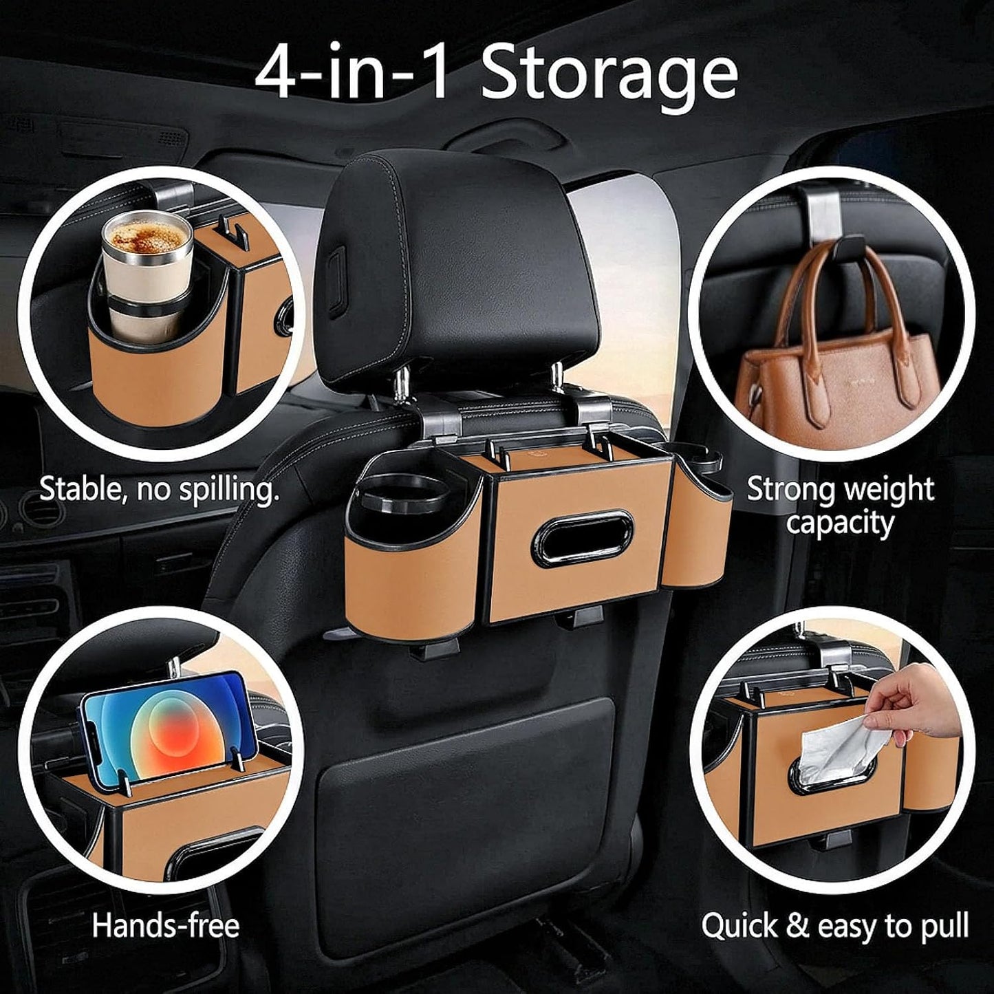 Back Seat Car Organizer, Nappa Leather Car Seat Organizer with Cup Holders and Tissue Box, Premium Hanging Storage Bag for SUV Truck Road Trip (Light Brown)