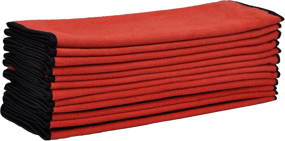 Detailer's Preference 390 GSM Premium Microfiber Towels, Ultra Soft, Lint-Free, Streak-Free, Highly Absorbent, Scratch-Free Cleaning & Drying Cloths for Auto, Home & Detailing, 16x24, 12-Pack, Red