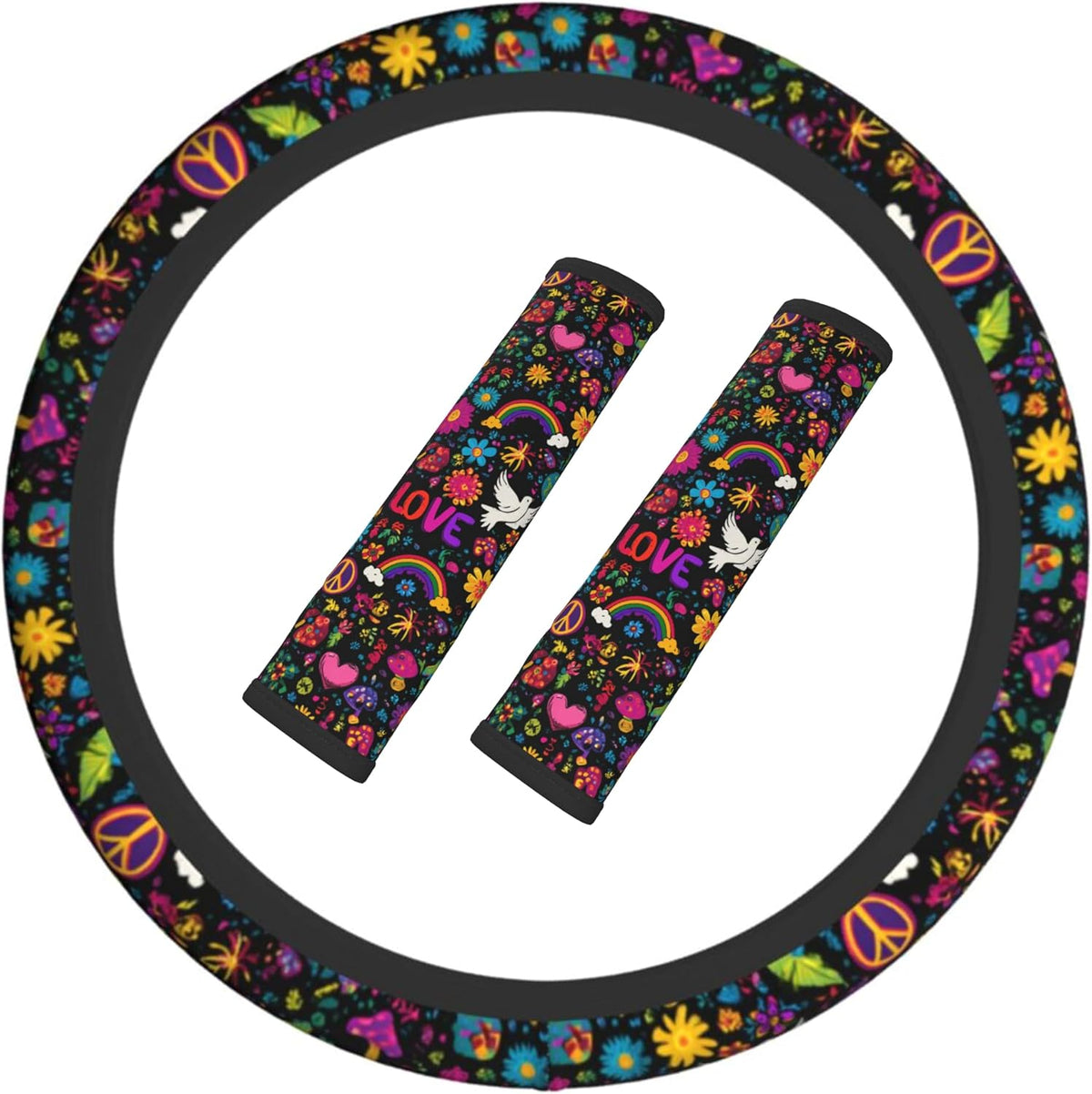 Retro Flower Peace Rainbow Love Steering Wheel Cover Elastic Non-Slip Car Steering Wheel Covers with Seat Belt Shoulder Pad for Women Men