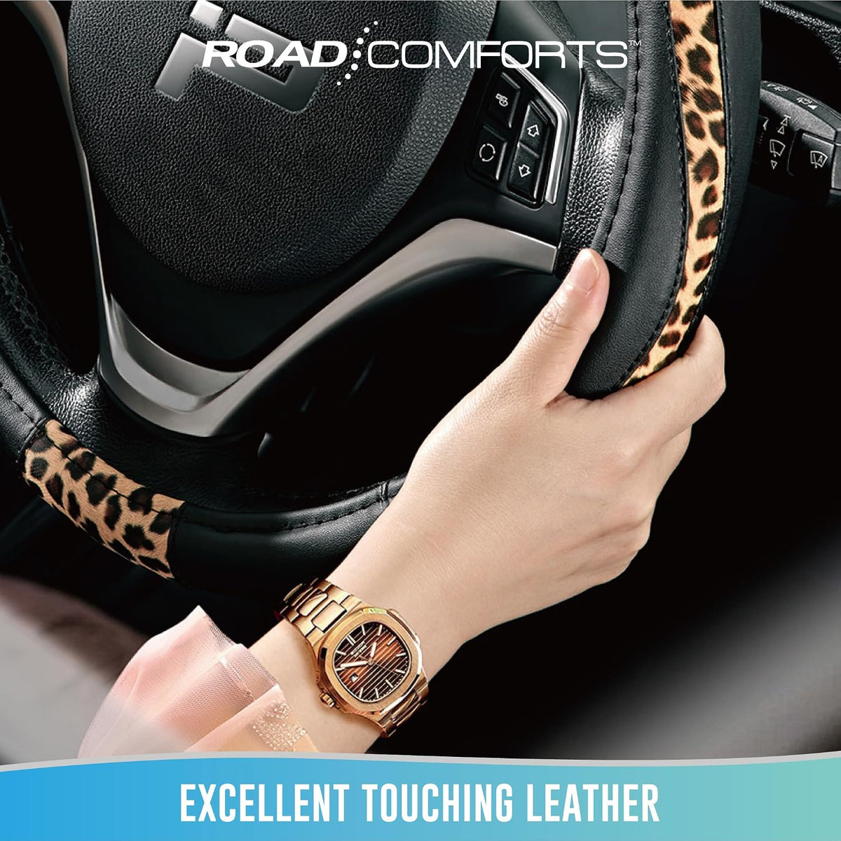 Road Comforts Steering Wheel Cover - Made with PVC Leather and Leopard Fabric - Universal 14 1/2 inches to 15 inches for Most Automotive Steering Wheel - Cheetah Print - Black