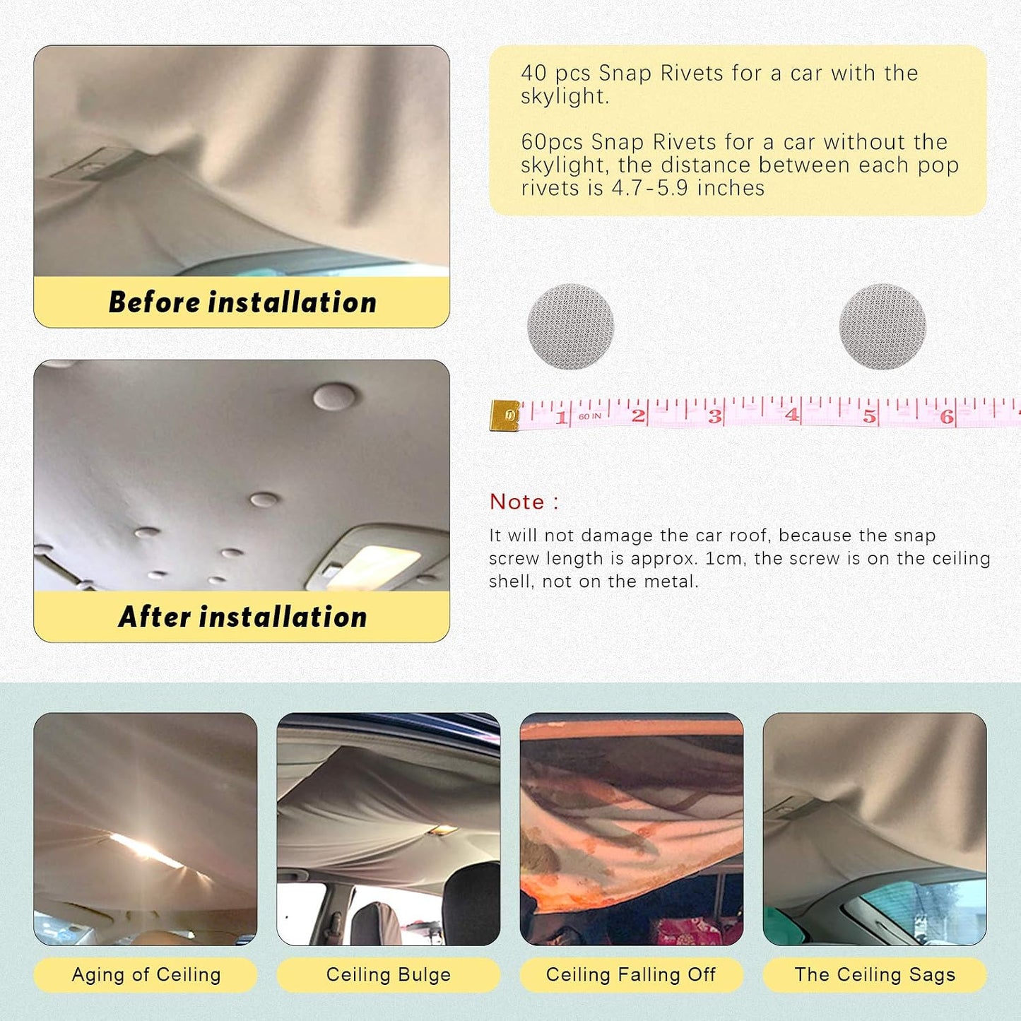 Swpeet 272-Piece Gray Car Roof Headliner Repair Kit with Rivets, Things and Installation Tool, Bed Skirt Pins and Retainer Design for Car Roof Flannel Fixed