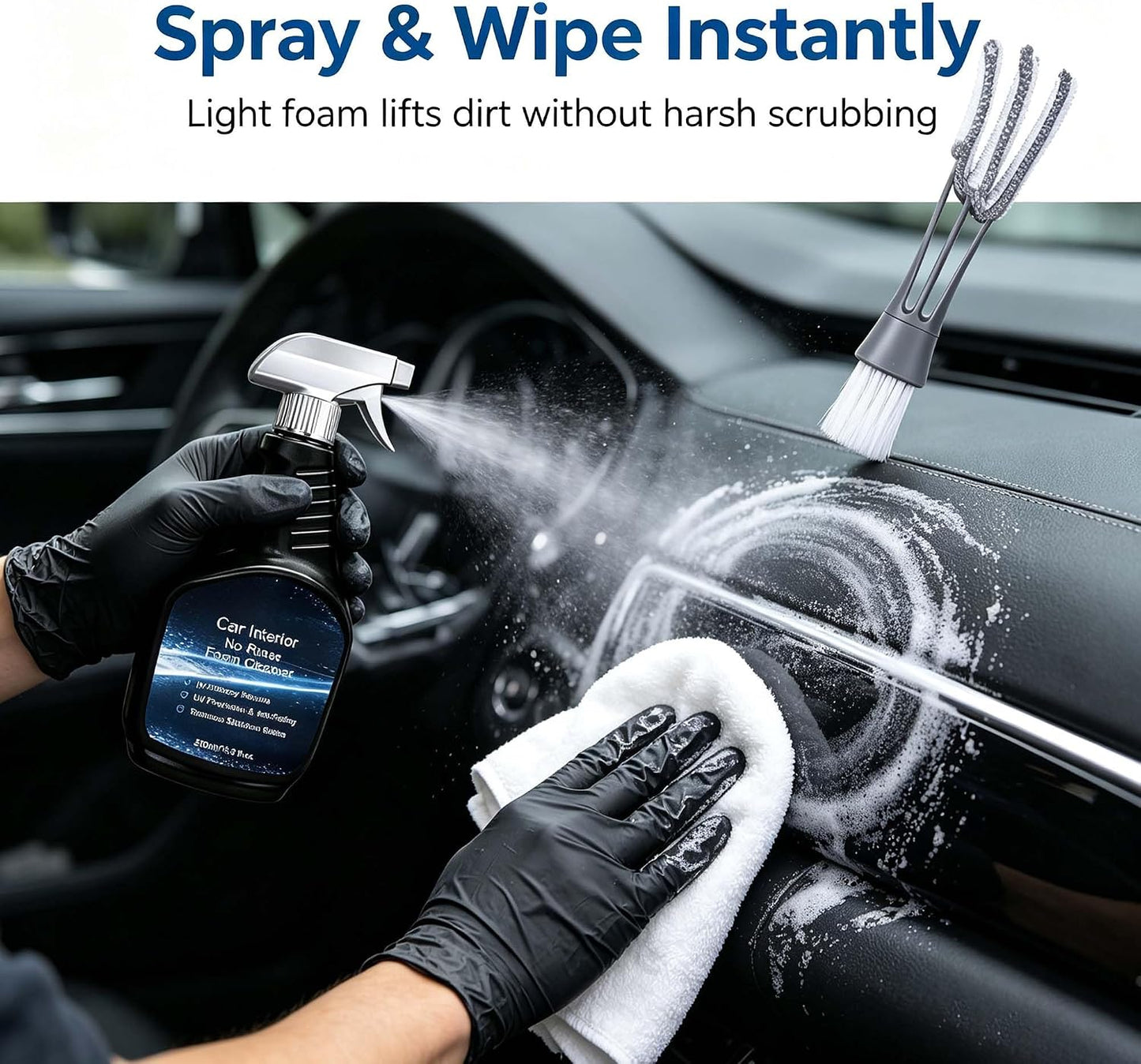 Car Interior Cleaner, 16.9oz Vehicle Interior Cleaner for Tough Stains | Multifunctional Auto Detailing Cleaner with Brush & Towel, Car Cleaner for Car Seats, Carpet, Upholstery, & Leather