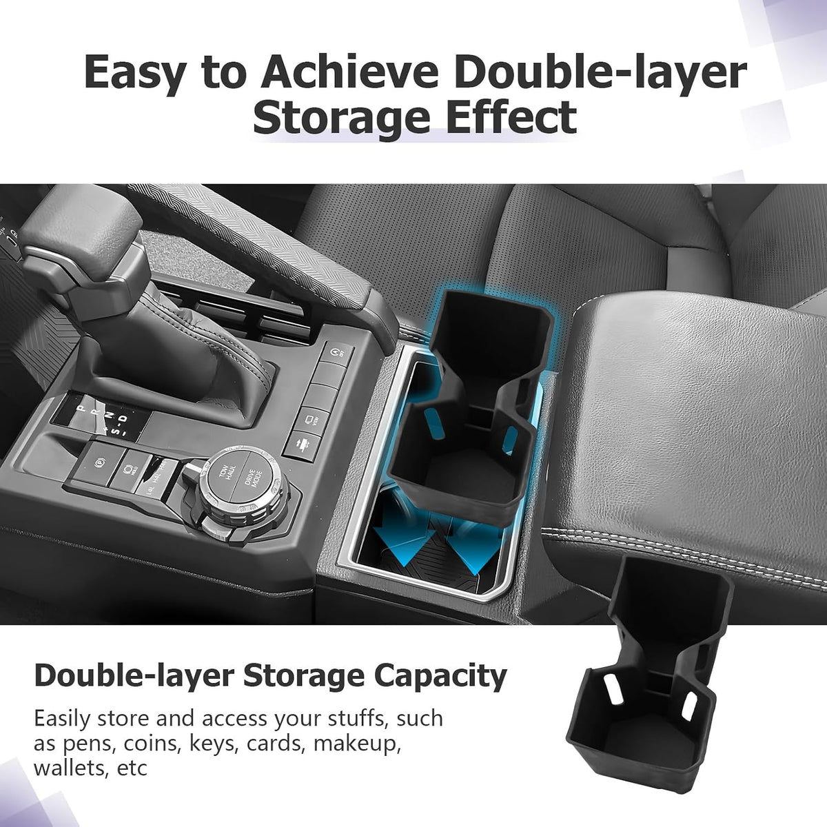 LUWU 2025 4Runner Accessories Compatible with 2025 Toyota 4Runner Center Console Cup Holder, Rear Seat Door Side Silicone Cup Holder, Passenger Side Storage Box Black 3-Pack