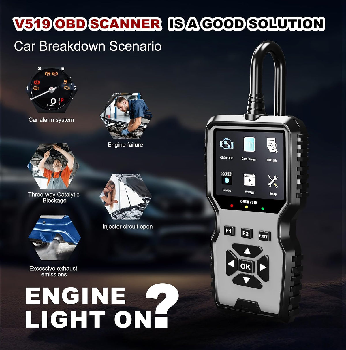 V519 OBD2 Diagnostic Scanner Tool - Vechicle Check Engine Light Code Reader with Battery Voltage Tester, I/M Readiness, Reset, and Code Eraser for All OBDII Car Since 1996 Grey