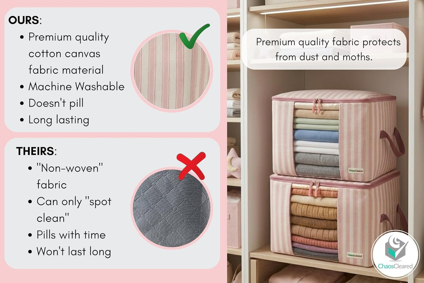Chaos Cleared Kids Storage Bags – 100% Cotton Canvas Toy & Clothes Organizer with Cute Design – Storage Bin for Stuffed Animals, Baby Items & Clothes with Zipper & Handles (Pink Stripe Print)