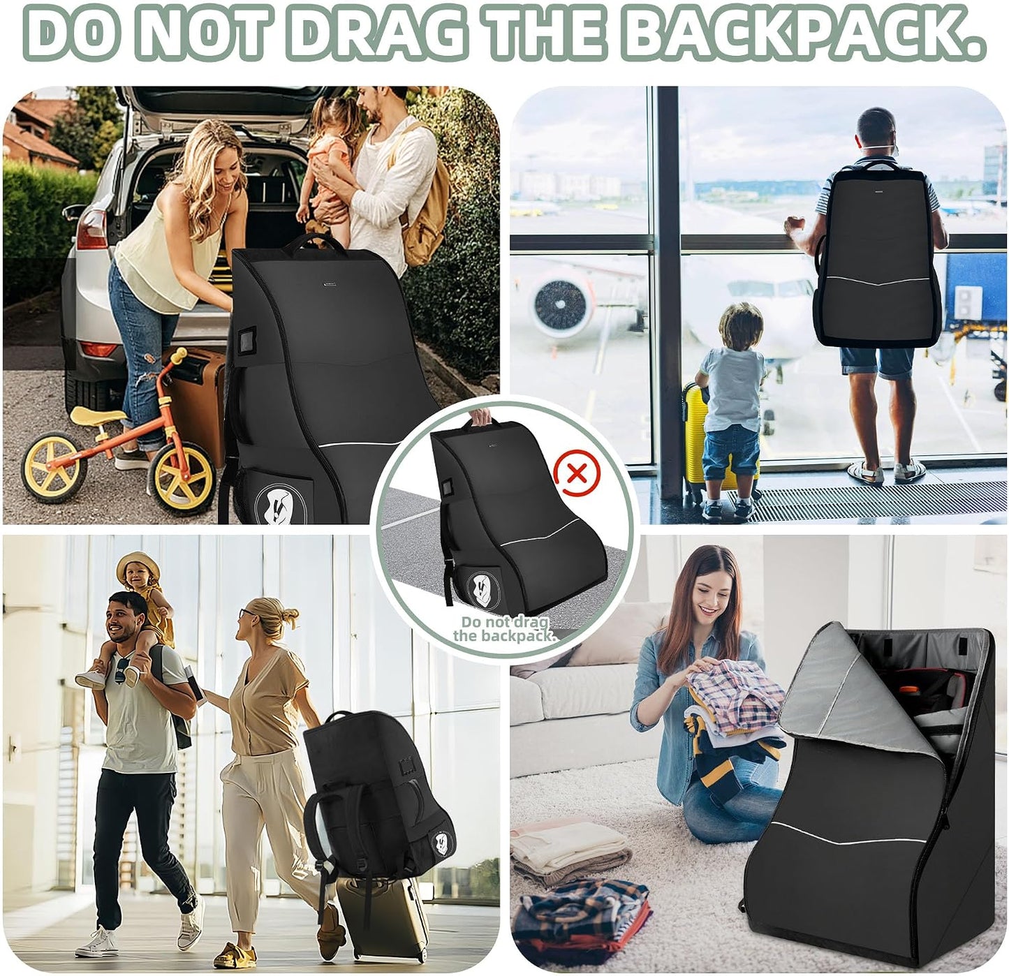 Car Seat Travel Bag for Airplane – Waterproof Heavy Duty Carseat Backpack for Gate Check or Airport Travel – Fits Infant, Convertible & Booster Seats, Black