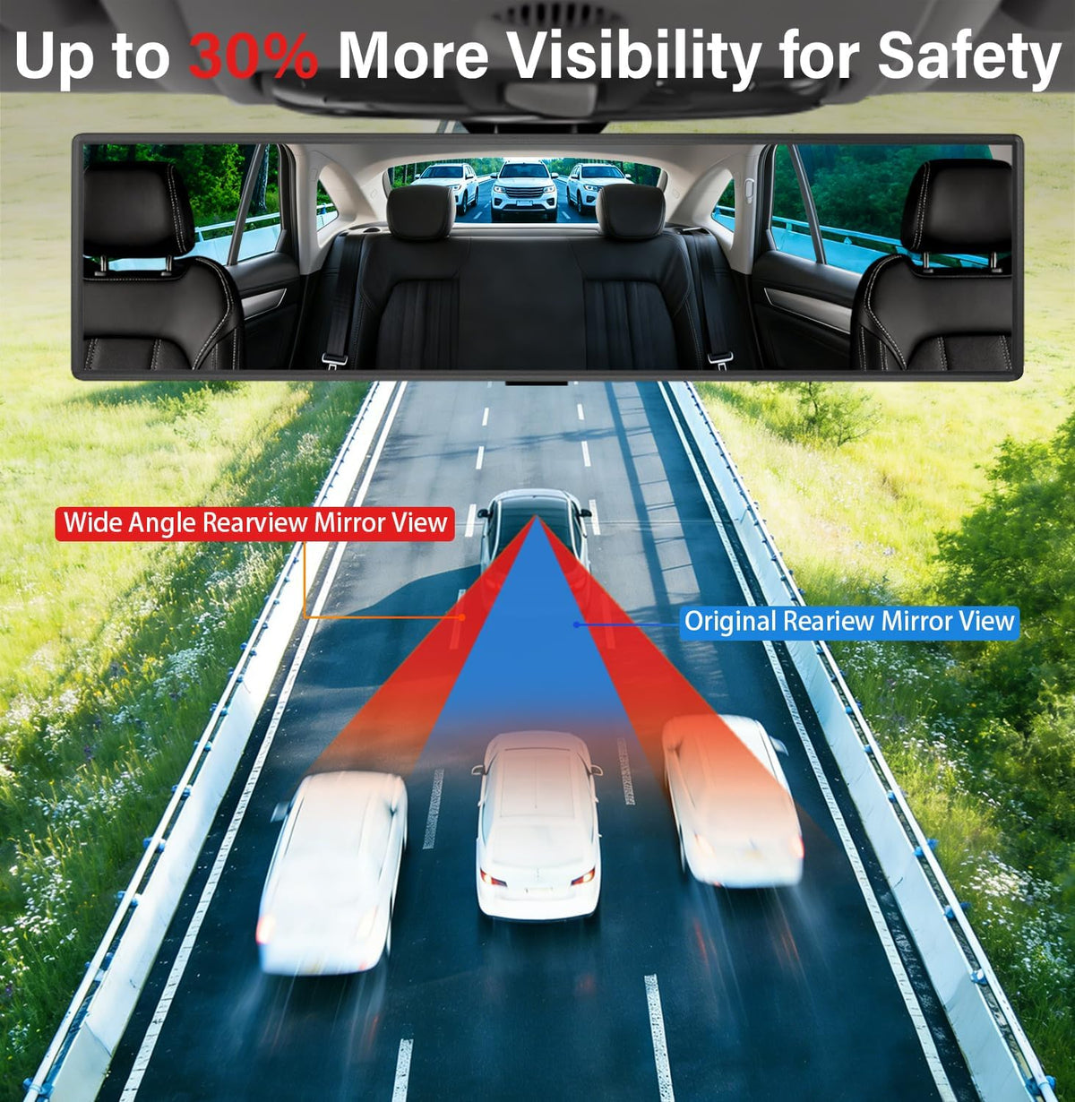 Rear View Mirror - Chrome Anti-Glare Panoramic Rearview Mirror 12 Inch Clip-On Convex Rearview Mirror, Reduces Blind Spots, HD Wide Angle,Shock Resistant for Cars, Trucks & SUVs (Light Chrome)