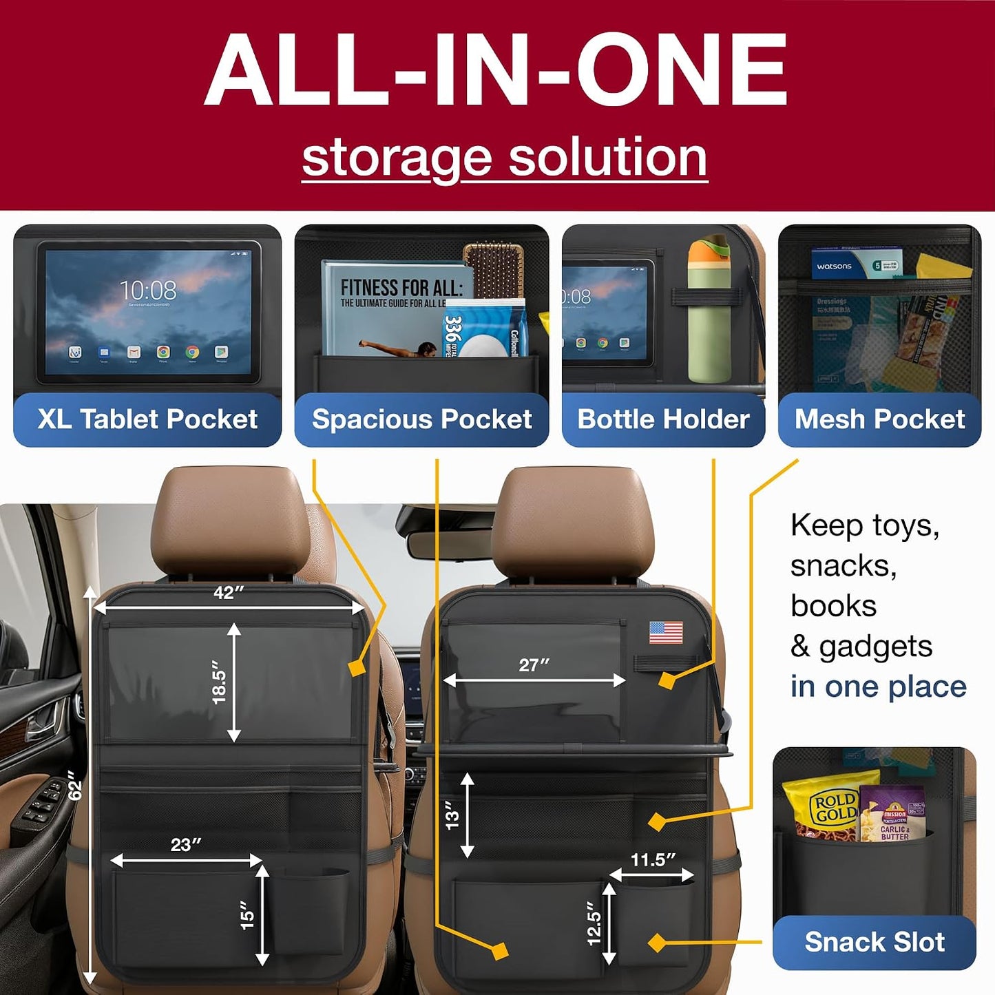 Car Backseat Organizer with Tablet Holder (2-pack) - Updated 2025 Oxford 600D Car Storage Organizer, Foldable Car Tray Kids, Road Trip Essentials, Back Seat Protector Kick Mats, Travel Accessories