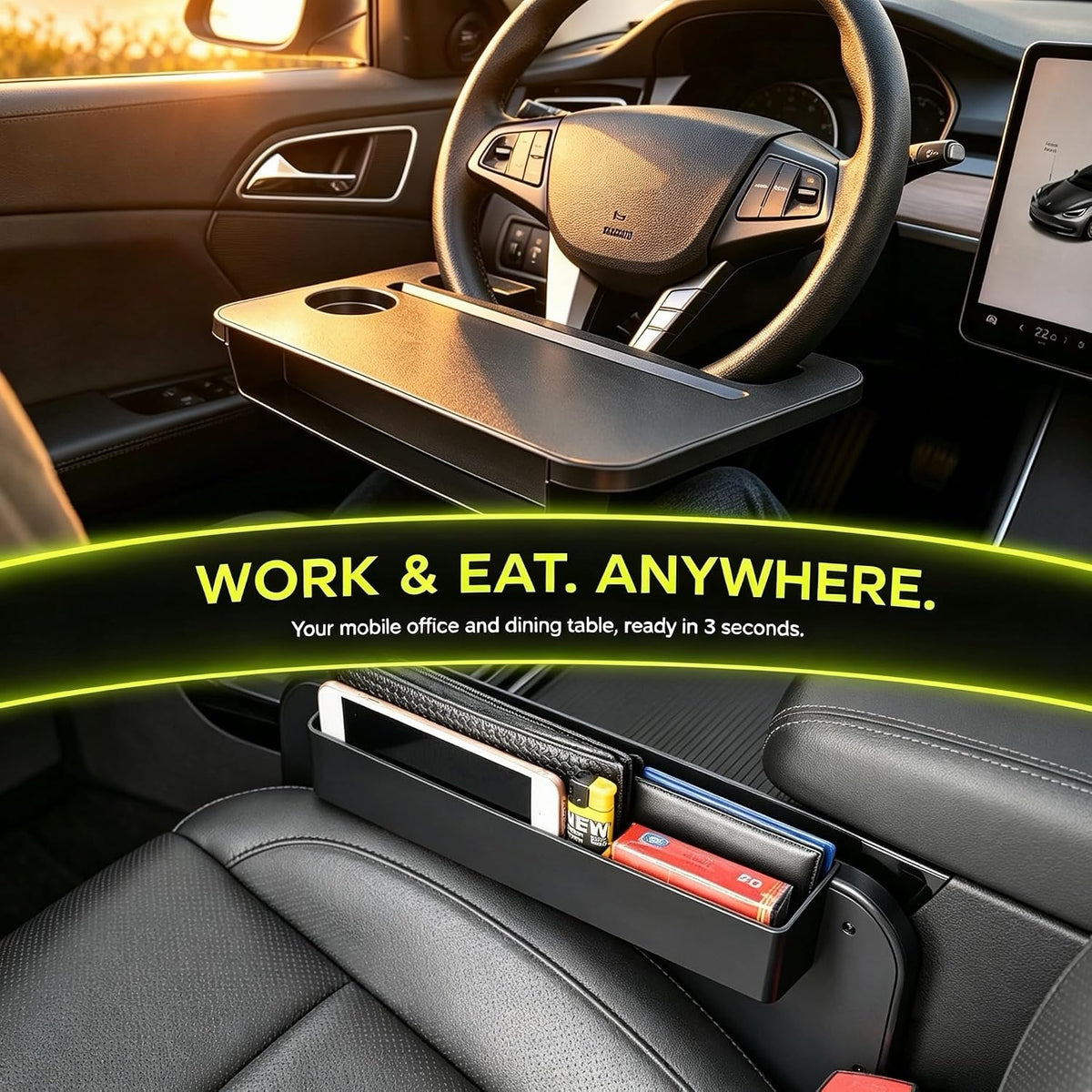 Car Desk with Laptop Stand, Steering Wheel Tray for Work and Eating, Portable Car Table, Food Tray and Writing Surface, Travel Accessory for Drivers
