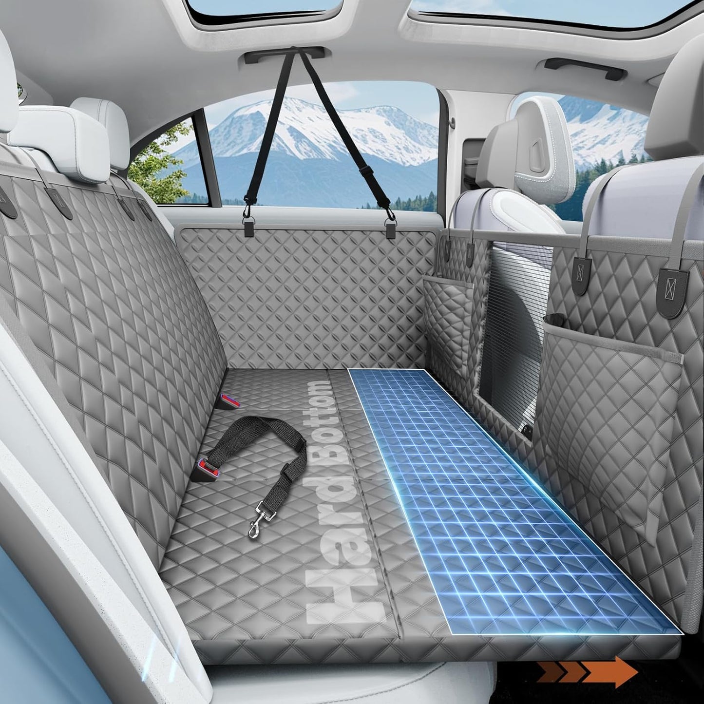 Dog Car Seat Cover for Back Seat with Hard Bottom,Waterproof Back Seat Extender for Dogs,Dog Hammock Dogs Bed for Cars, SUVs,Pet Seat Cover for Back Seat Holds 400lbs with Mesh Window & Pocket-Grey