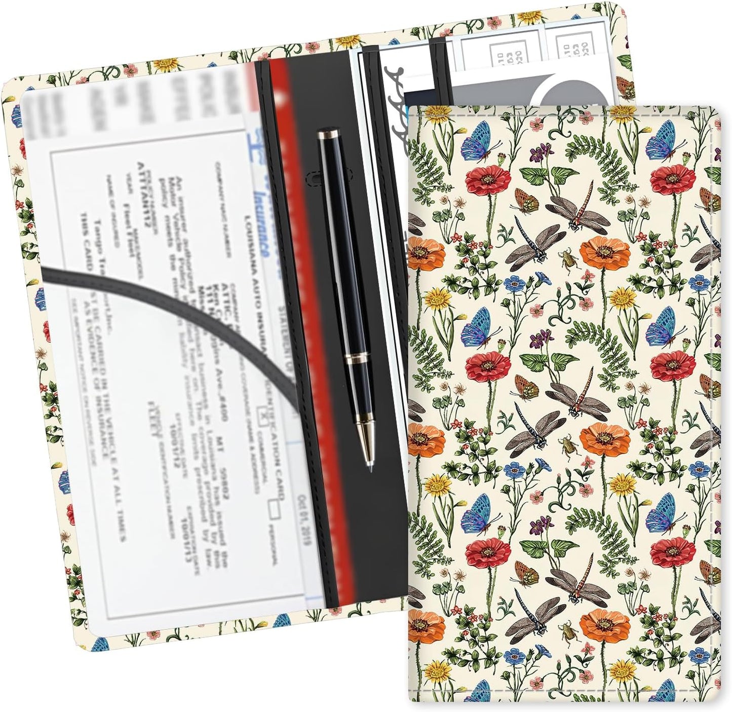 Leather Car Registration and Insurance Card Holder, Cute Car Accessories Vehicle Glove Box Car Organizer for Documents, Cards, License Cute Dragonfly Flowers