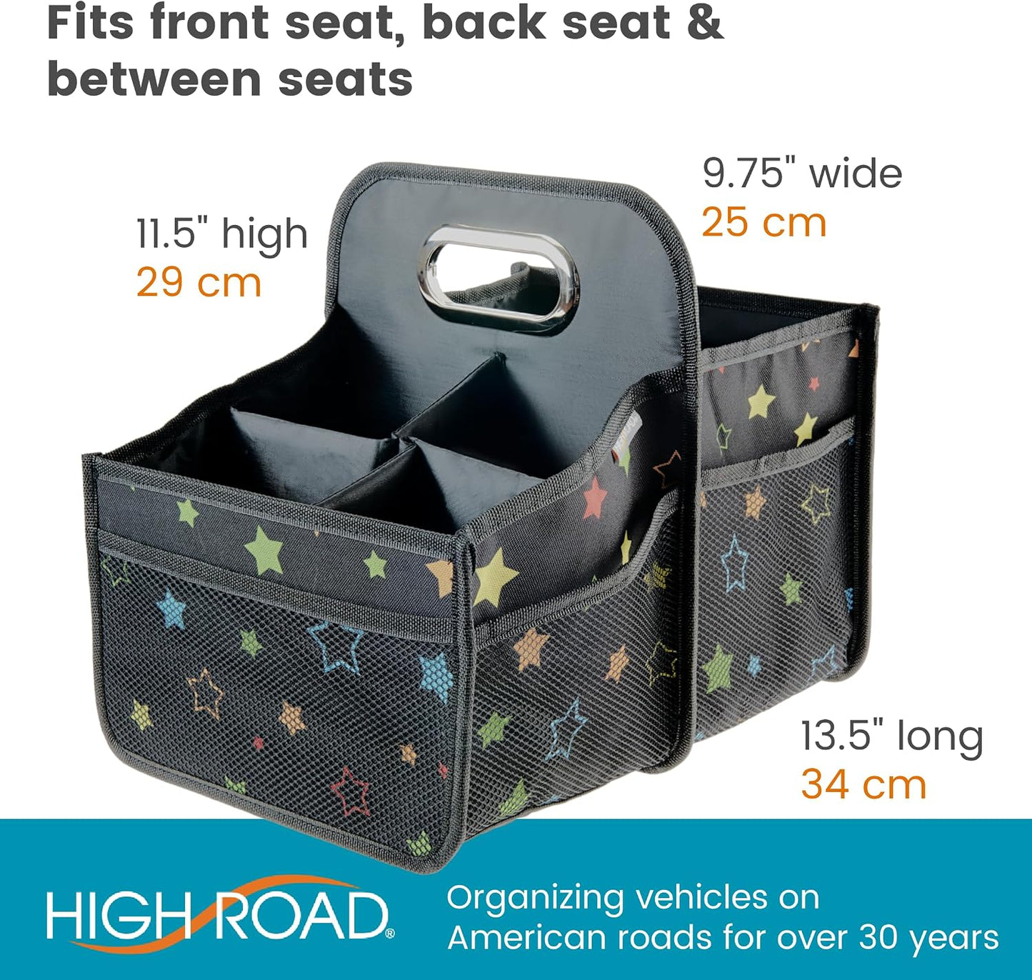 High Road Car Seat Caddy Organizer with Cup Holders - Middle Seat Car Organizer for Kids or Passenger Seat Organizer for Drivers - Portable Car Storage Bin with Easy Carry Handle (Starry Night)