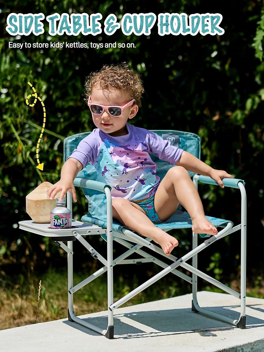 EVER ADVANCED Kids Directors Chair with Side table for Camping, RV & Sports, Padded Kid Outdoor Seat with Safety Lock, Lightweight Portable Camp Chairs for Beach, Balcony, Patio, Supports 150lbs Green