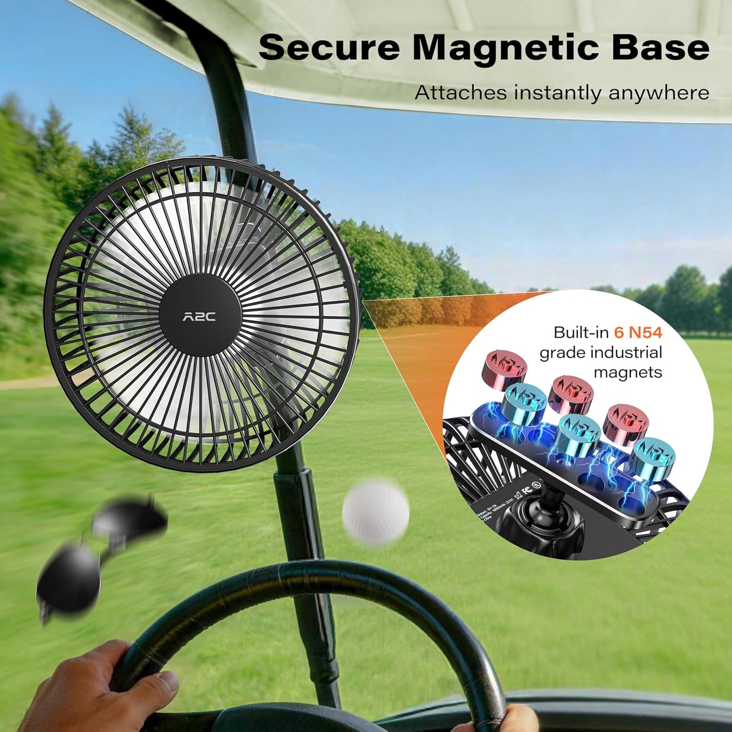 A2C Magnetic Rechargeable Fan for Golf Cart 7.5-Inch, Up to 28Hrs, 10000 mAh Battery Powered Fan Portable 4 Speeds Fits EZGO, Club Car & Yamaha, Golf Cart & Cruise Accessories Essentials Gifts