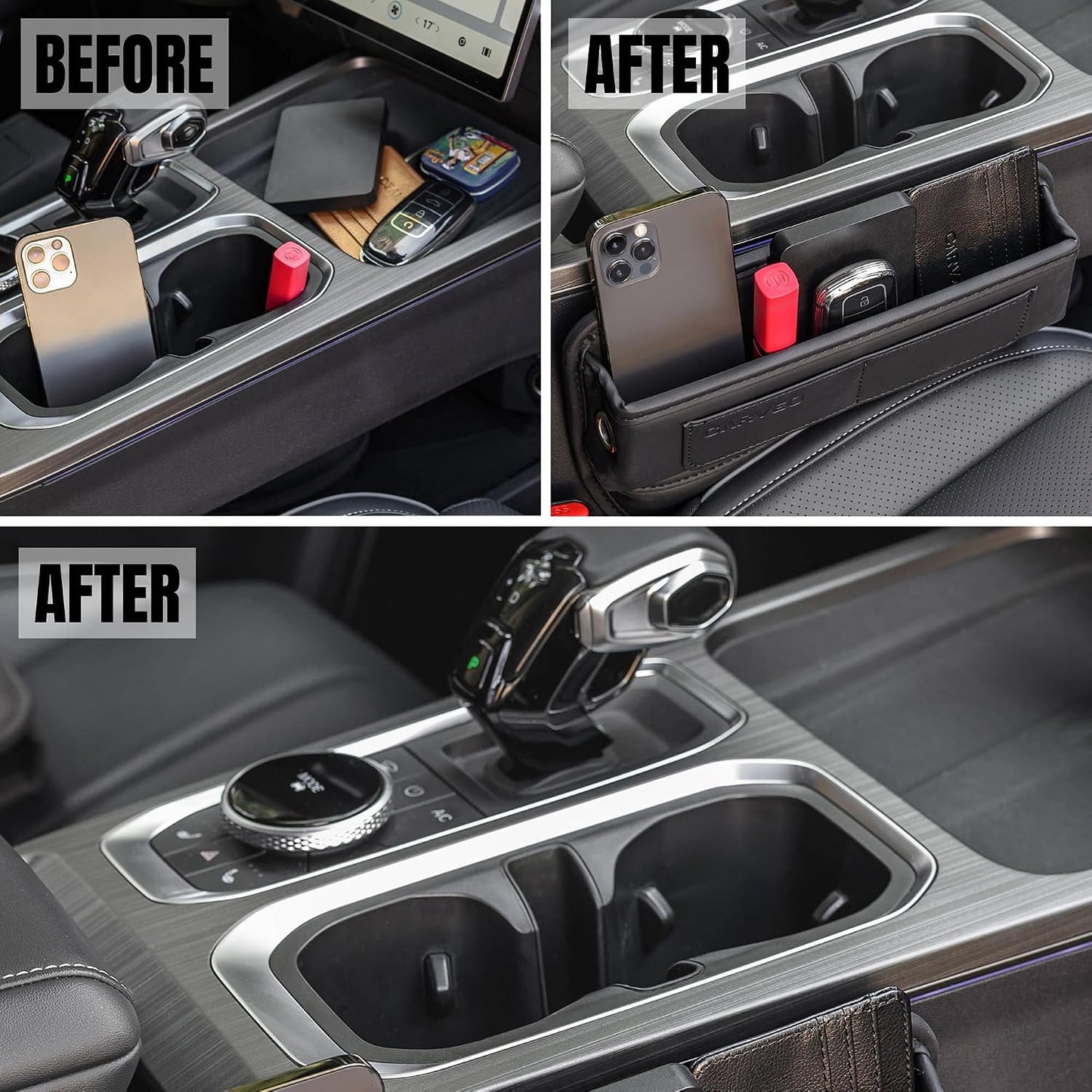 Car Seat Gap Filler Organizer with Charging Hole, In Between Car Seat Catcher for Car, Truck, SUV, Premium PU Leather Interior Accessories, Console Organizer for Phone, Keys and Small Items – Black