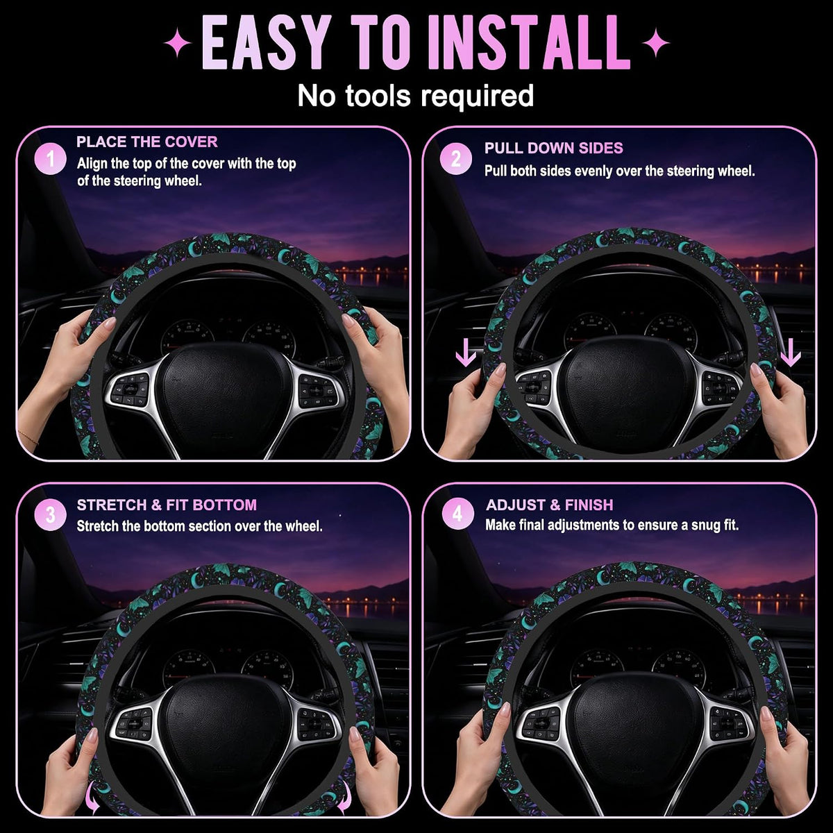 Mystical Luna Moth Steering Wheel Cover for Women Men Neoprene Breathable Moon Botanical Wheel Cover Protector Anti-Slip Car Accessories Universal 15 Inch Fit for Cars Trucks Vehicles