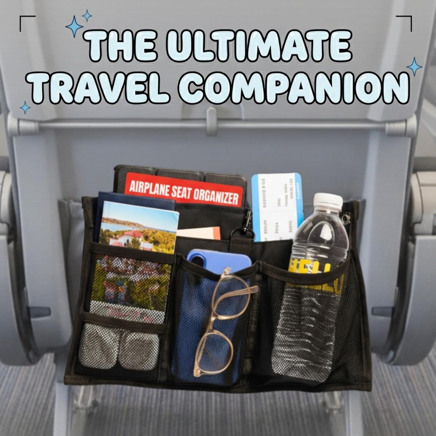 Airplane Seat Organizer to Clip onto Airplane Seat Pocket | Travel Essentials Accessory with Improved Universal Compatibility (15 x 9 Inches)