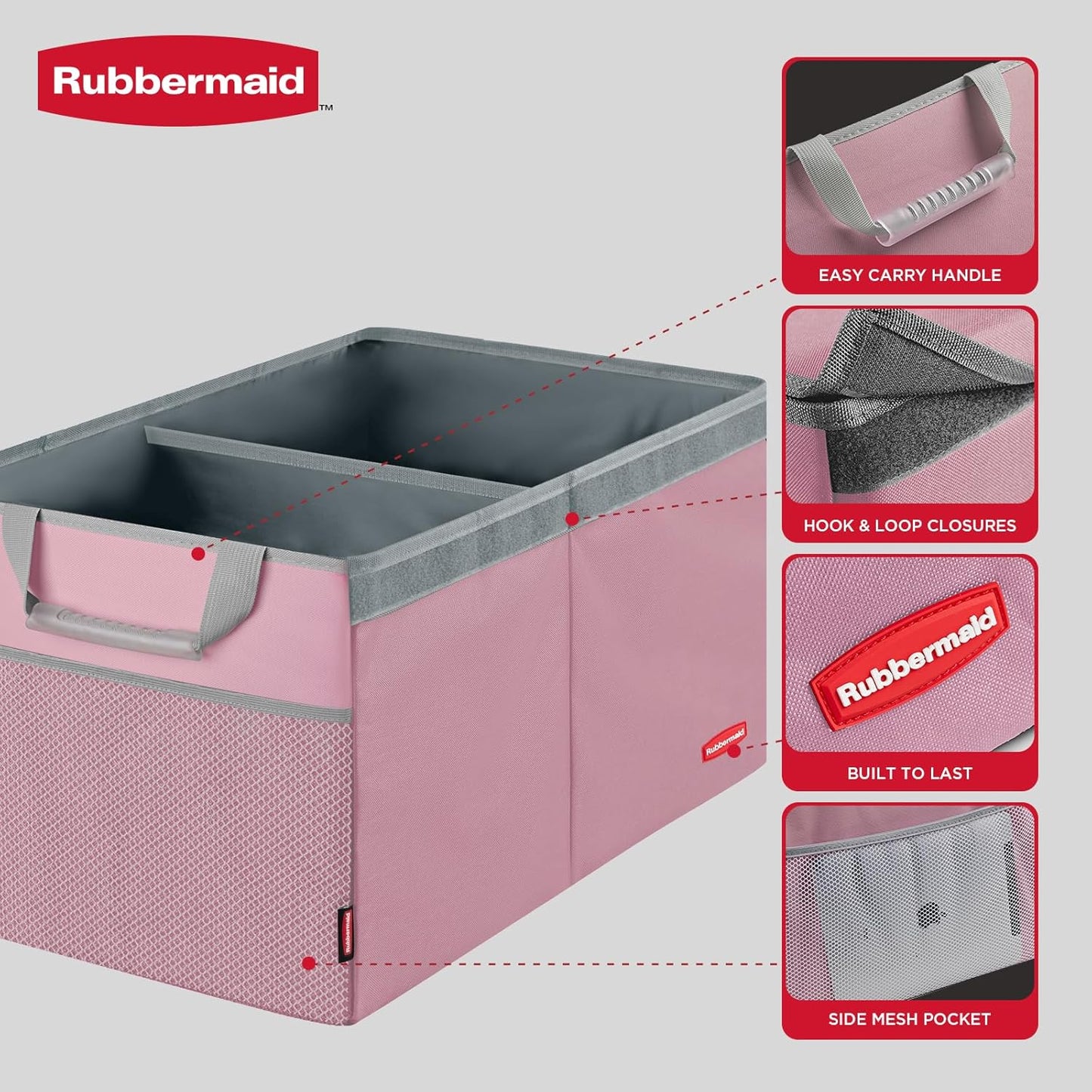 Rubbermaid Car Organizer, Collapsible Trunk Organizer, Multi-Compartment Car Storage Organization for Car Accessories, 2 Compartments With Cover, 21.65"*14.17"*12.2" - Pink