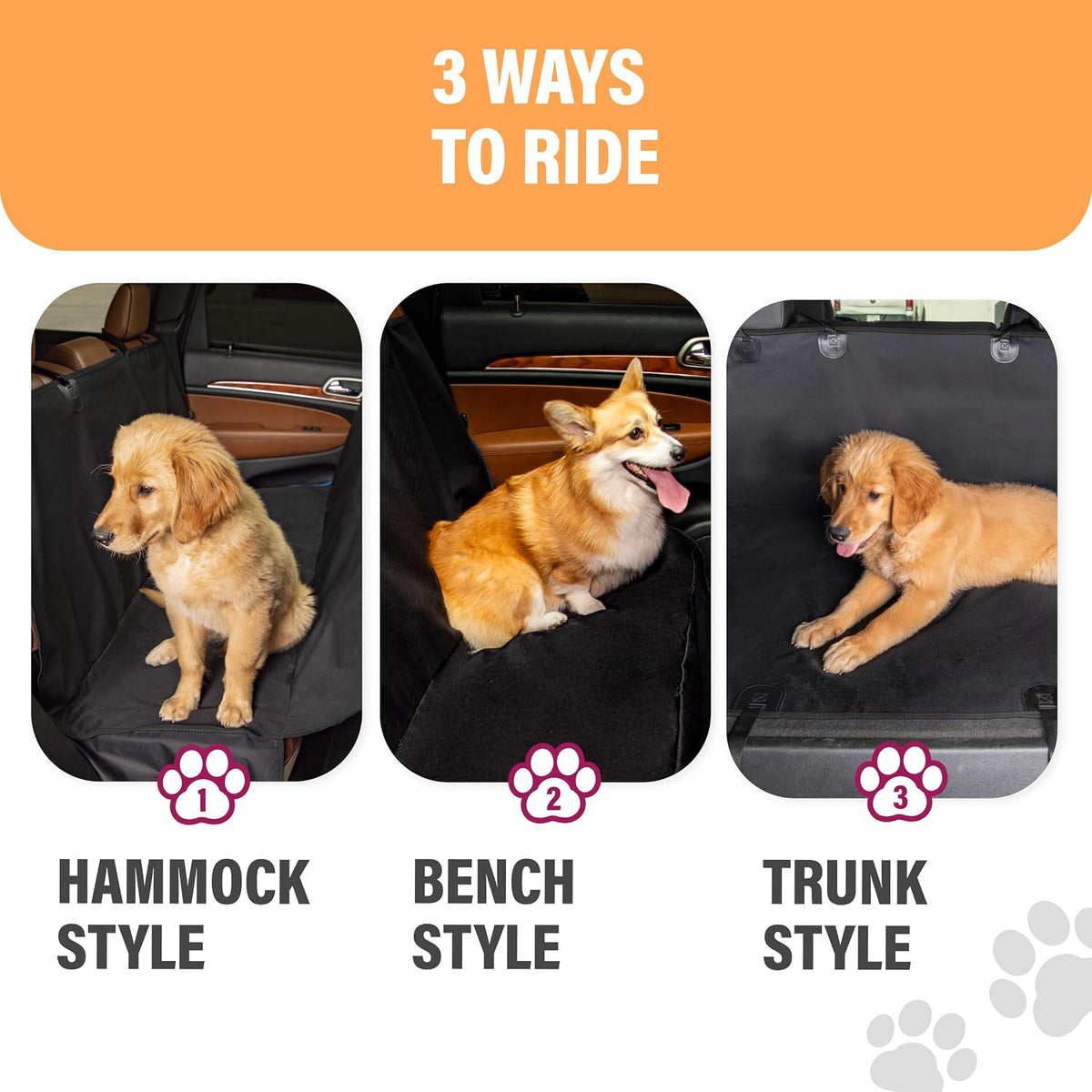 Active Pets Waterproof Hammock Standard Car Seat Cover, Fits Sedans Hatchbacks Crossovers Coupes Compact Vehicles, Secure Convertible Travel Bed Protects Backseat Cargo from Dogs, Black w/Orange Trim
