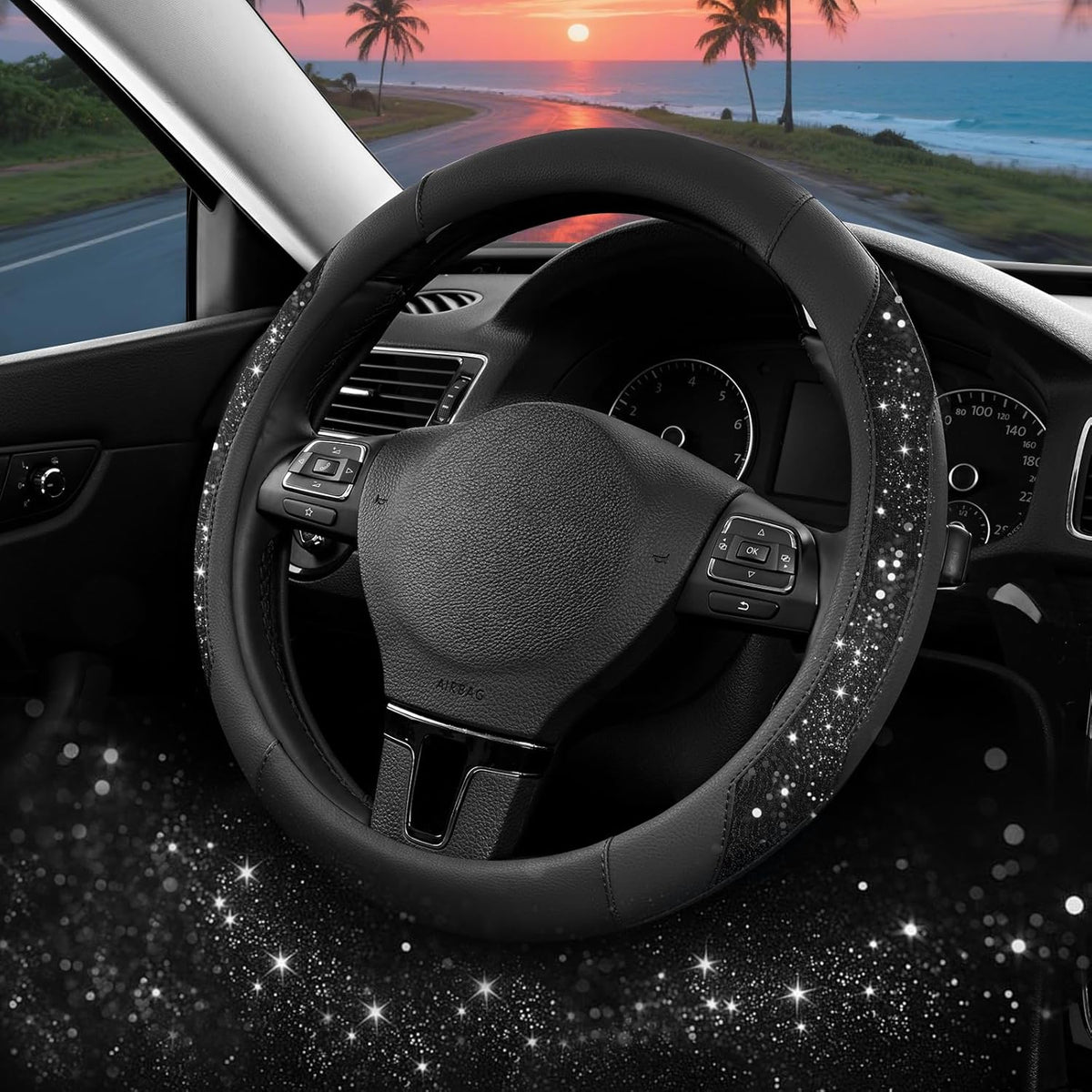 PIC AUTO Steering Wheel Cover, Black Sparkly Crystal Bling Glitter with Leather, Universal Fit 14.5"-15.5" Car Steering Wheels for Girls & Women, Anti-Slip Wheels Cover for Cars, Trucks, Van, SUVs