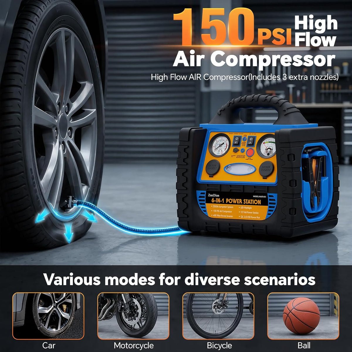 Car Jump Starter with Air Compressor, 2200A Battery Booster Pack for Up to 8.5L Gas & 8.0L Diesel, 150PSI Tire Inflator, 400W Portable Power Station with AC Outlet, 6-in-1 Jump Box for Cars, Trucks