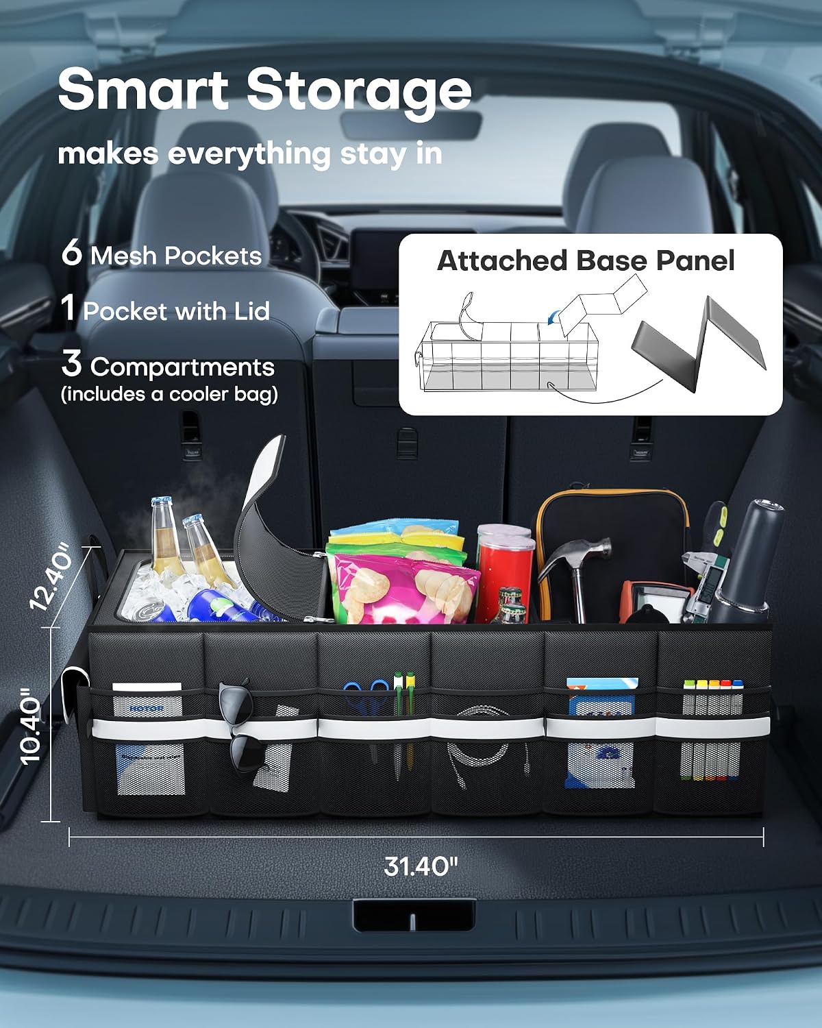 HOTOR Trunk Organizer - Car Organizer with Built-In Leakproof Car Cooler, Collapsible Trunk Organizer with Cooler for Car, SUV, Sedan, with Base Panel (3 Compartments, Black),31.9"×12.6"×10.6"