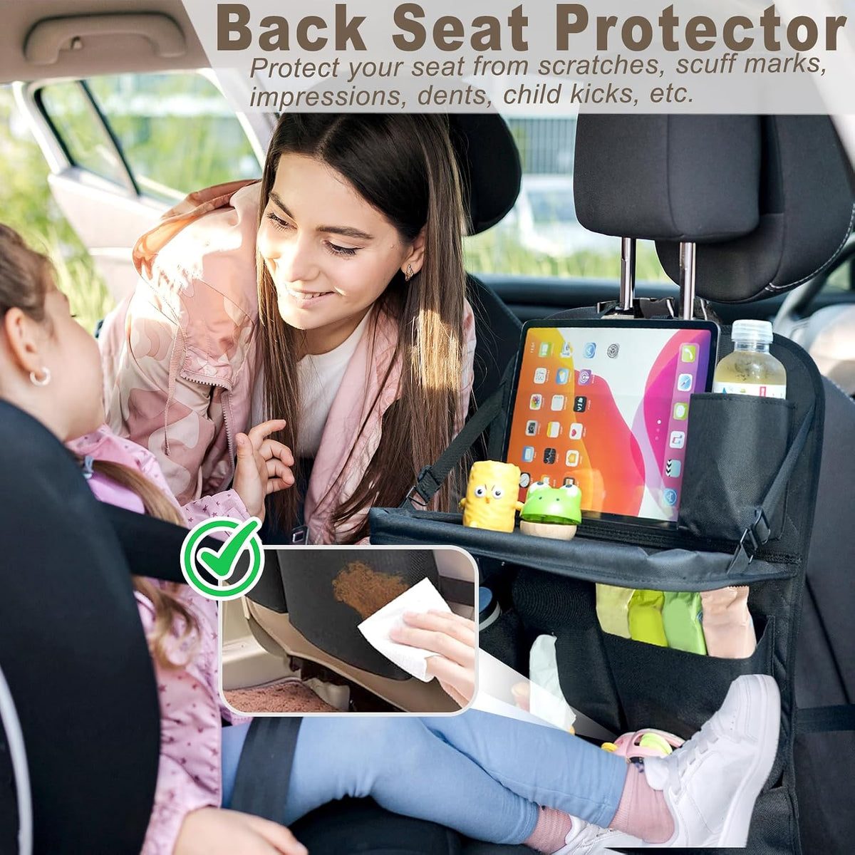 XDV Car Seat Organizers,Multi-functional Back Seat Protectors, Storage Pouches, Child kicking prevention and Tray Holders Kick Mats Back (for Cars, Kids,and Rear Seats) (Black, 1 Pack with Food Tray)