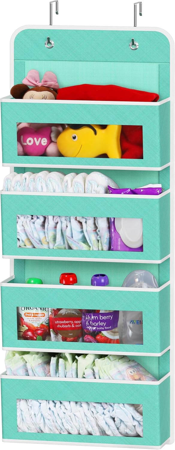 Simple Houseware 4 Clear Window Pocket Over Closet Door Storage Hanging Organizer for Bedroom, Bathroom, Pantry, Beige