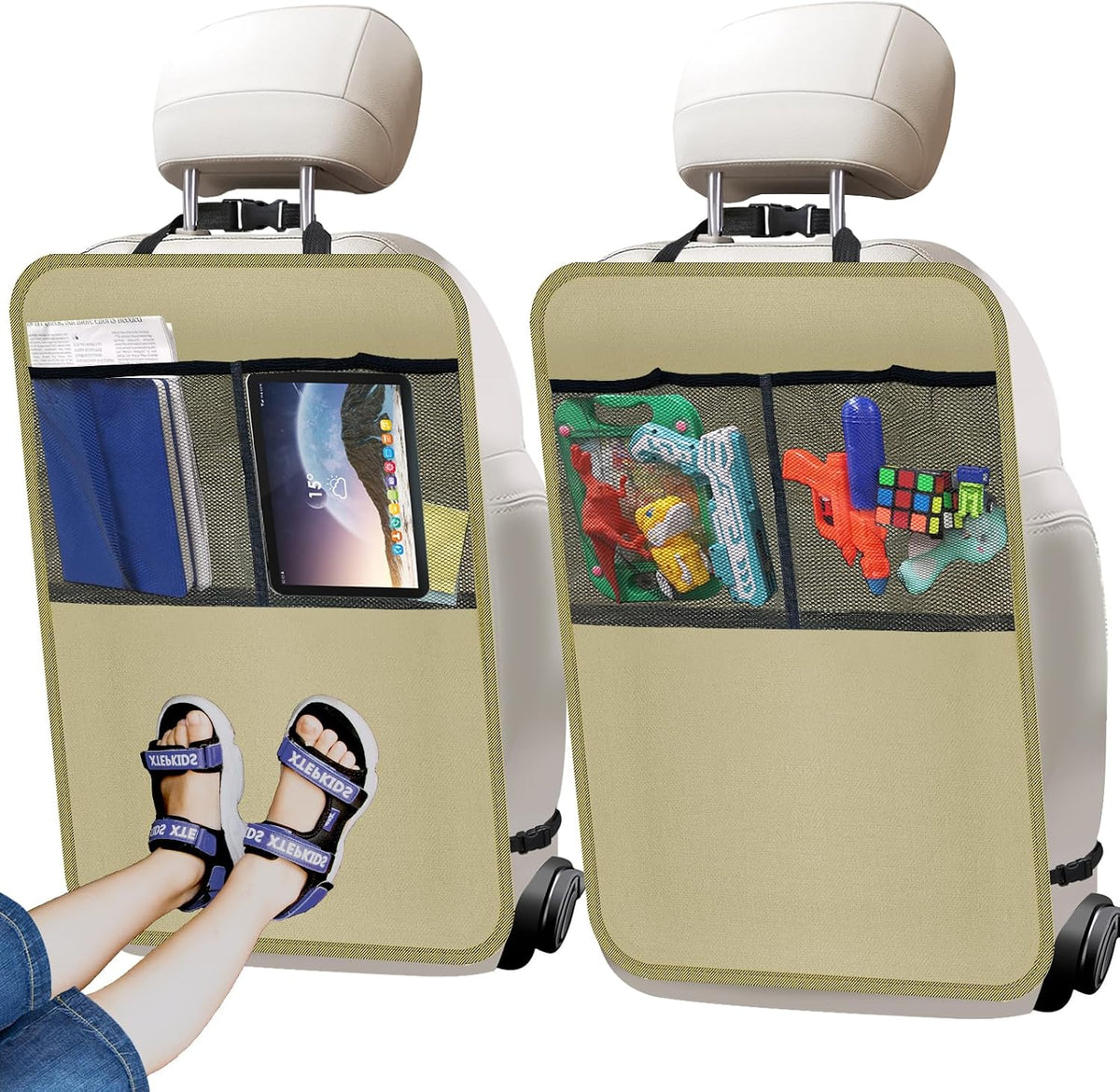 2 Pack Kick Mat Backseat Protector,Back Seat Cover for Kids,Car Seat Back Protectors with 2 Pocket Storage Organizer for Car, SUV, Minivan or Truck Seats (Beige)