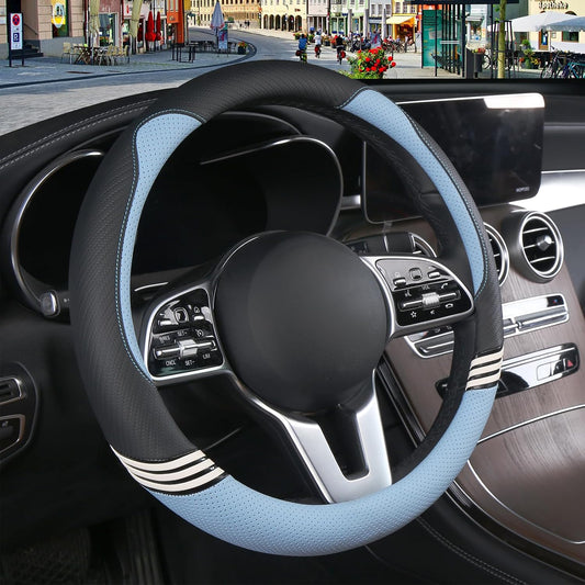15 inch Cute Leather Steering Wheel Cover Black and Blue
