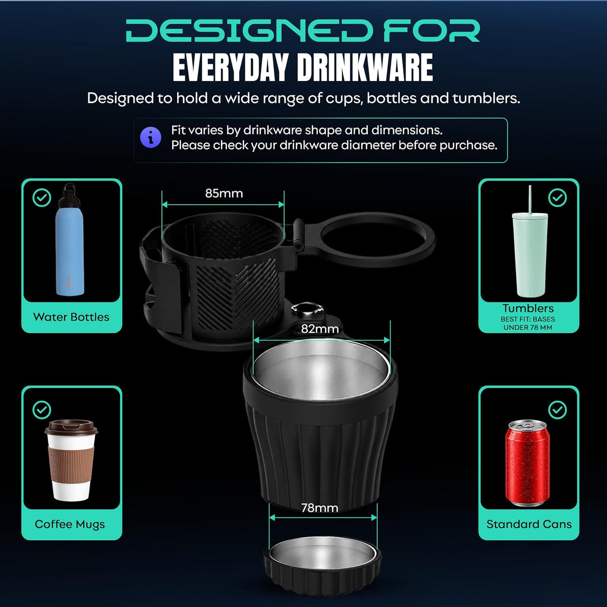 Car Cup Holder Extender with Adjustable Phone Holder, 360° Rotating Cup Holder Expander with Stainless Steel Liner, Fits Tumblers, Water Bottles, Coffee Cups & Soda Cans with Bases Under 78 mm.