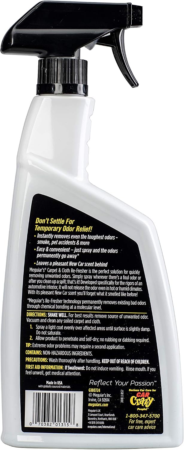 Meguiar's Carpet and Cloth Re-Fresher Odor Eliminator Spray, Car Air Freshener, Fights Odors and Freshens Fabrics in your Car, Easy to Use Trigger Spray, 24 Oz