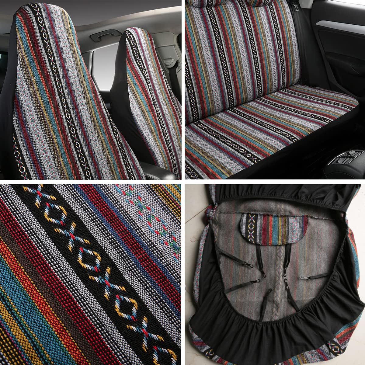 Baja Saddle Blanket Car Seat Covers 7PCS Full Set, Breathable and Washable Striped Woven Automotive Vehicle Seat Cover, Universal Seat Cover for Sedan, SUV, Airbag Compatible