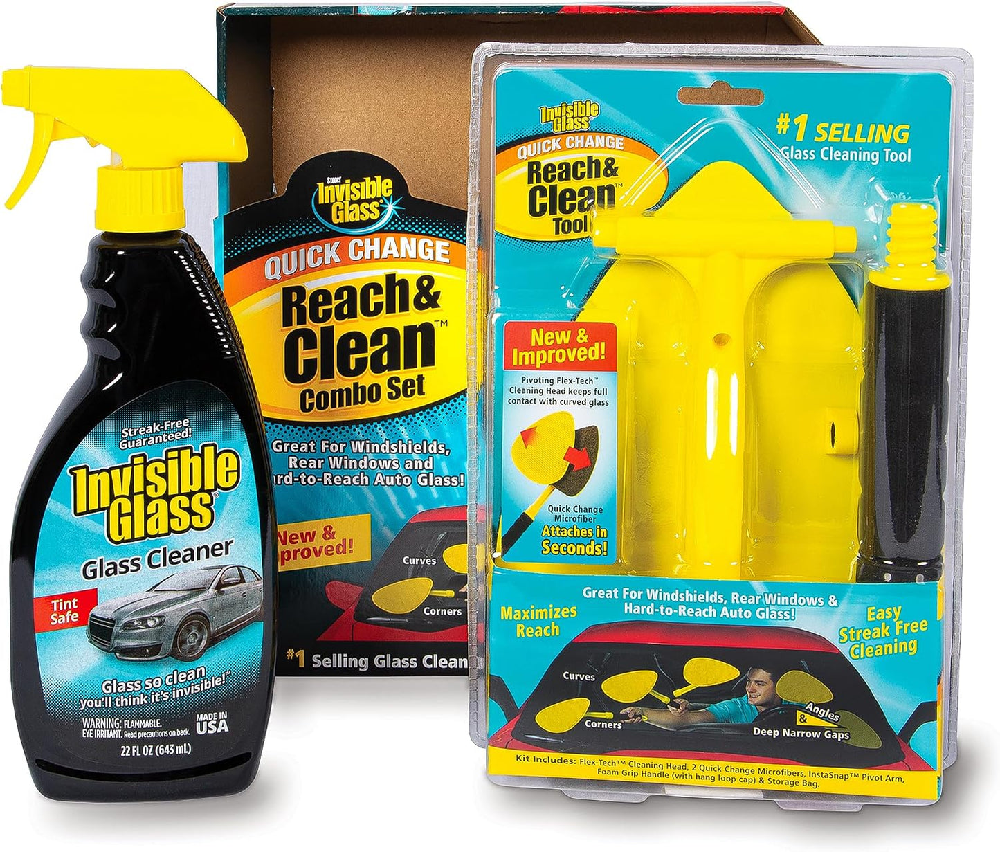 Invisible Glass 99031 Reach & Clean Glass Windshield Cleaner Tool Combo Kit With Premium Aerosol Glass Cleaner, Extendable Handle, (2) Reusable Quick Change Microfibers, and Storage Bag