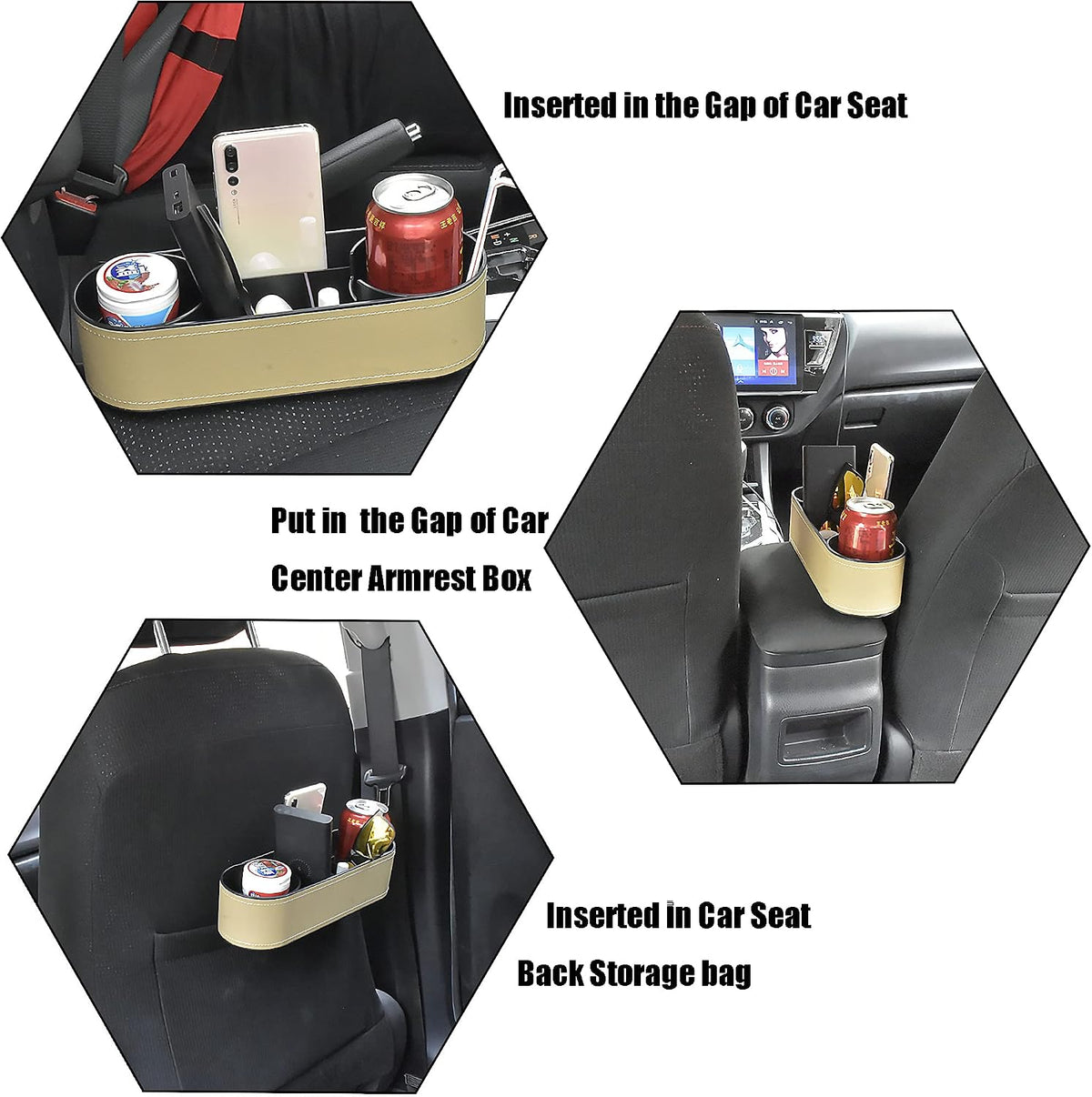 IOKONE Car Cup Holder, Auto Front Seat Organizer, Multifunctional Cup Drink Holders with PU Leather Cover, Gap Filler Storage Box Coin Bucket Console Side Pocket Cell Mobile Phone Holder(Slim-Beige)