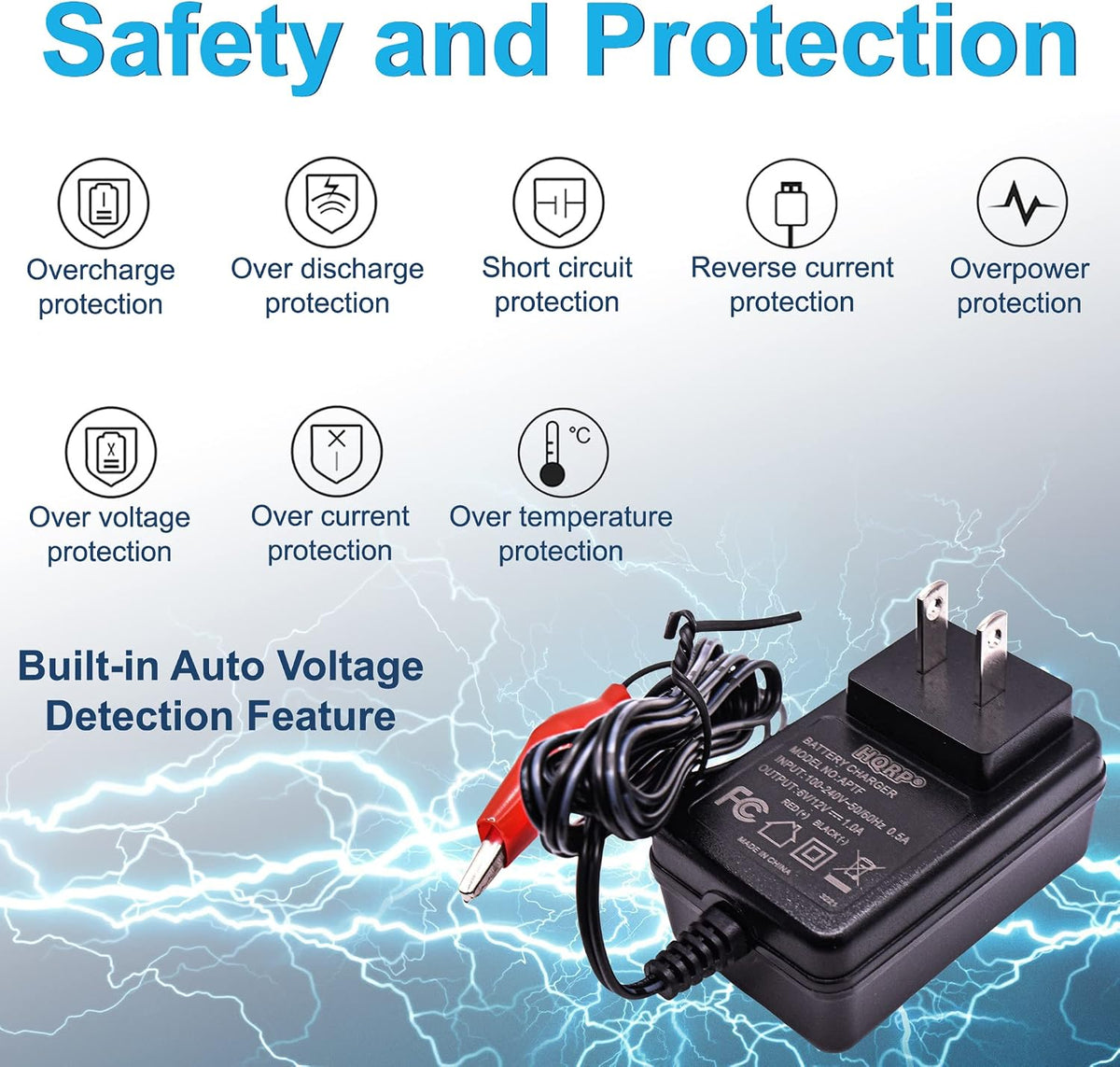 HQRP Fully Automatic 6V / 12V Sealed Lead Acid Smart Battery Charger SLA Maintainer Compatible with Car Truck Motorcycle, Alligator Clips